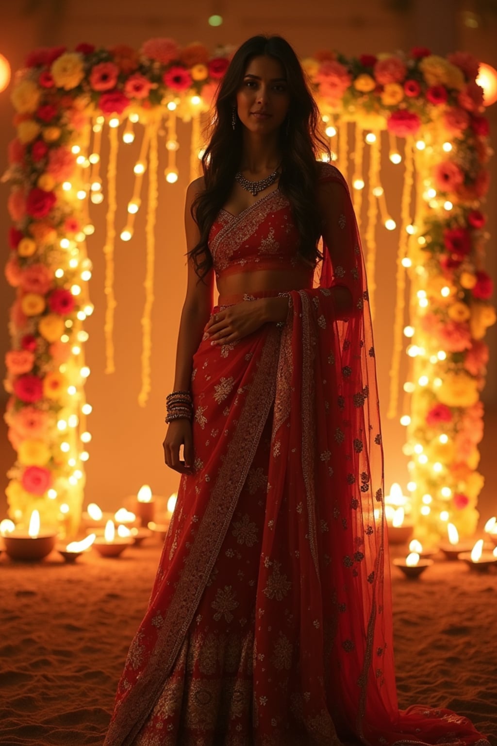 A woman standing near a beautifully decorated Diwali backdrop with hanging lights, flowers, and diyas, exuding the festive spirit in a traditional dress.