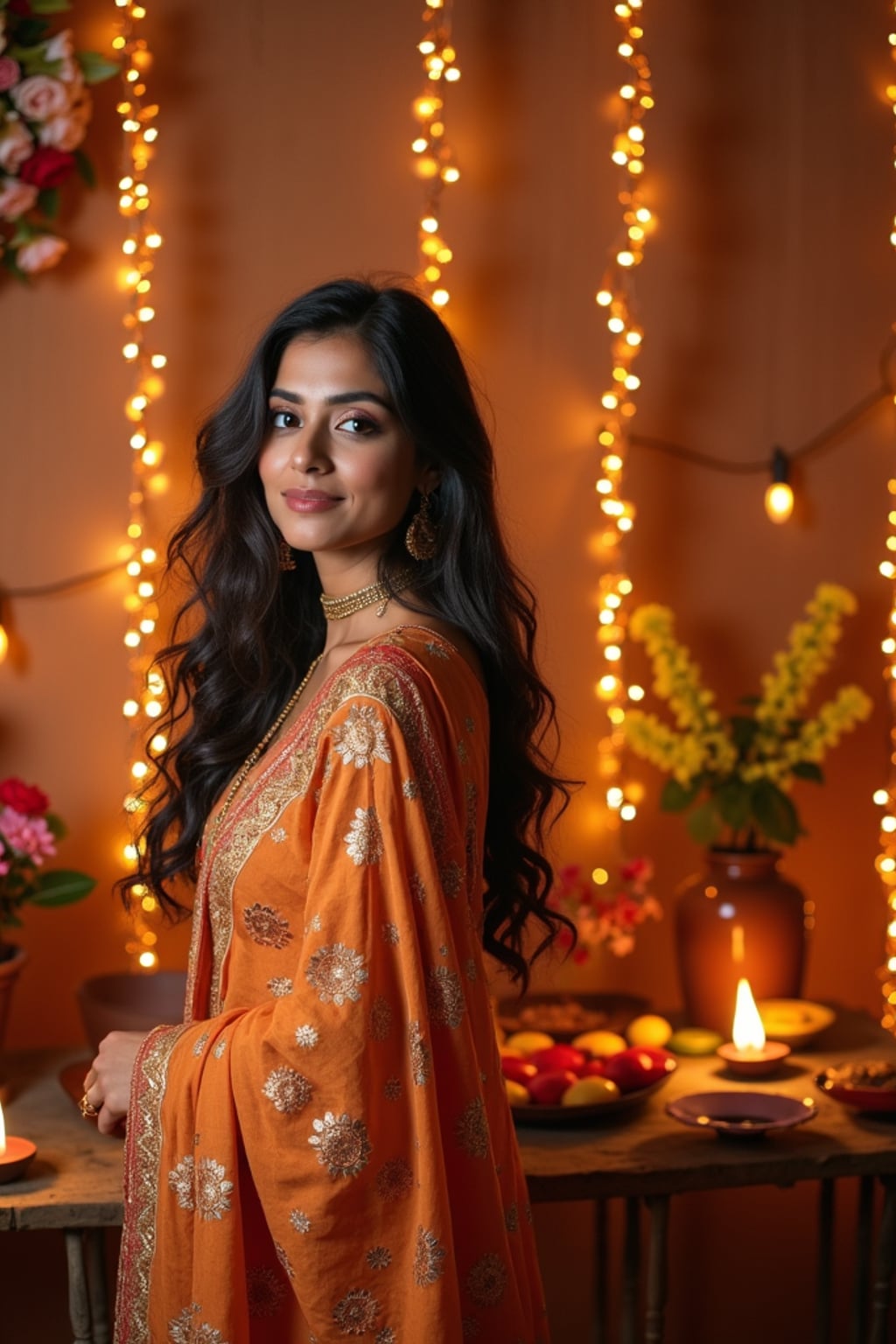 A woman standing near a beautifully decorated Diwali backdrop with hanging lights, flowers, and diyas, exuding the festive spirit in a traditional dress.