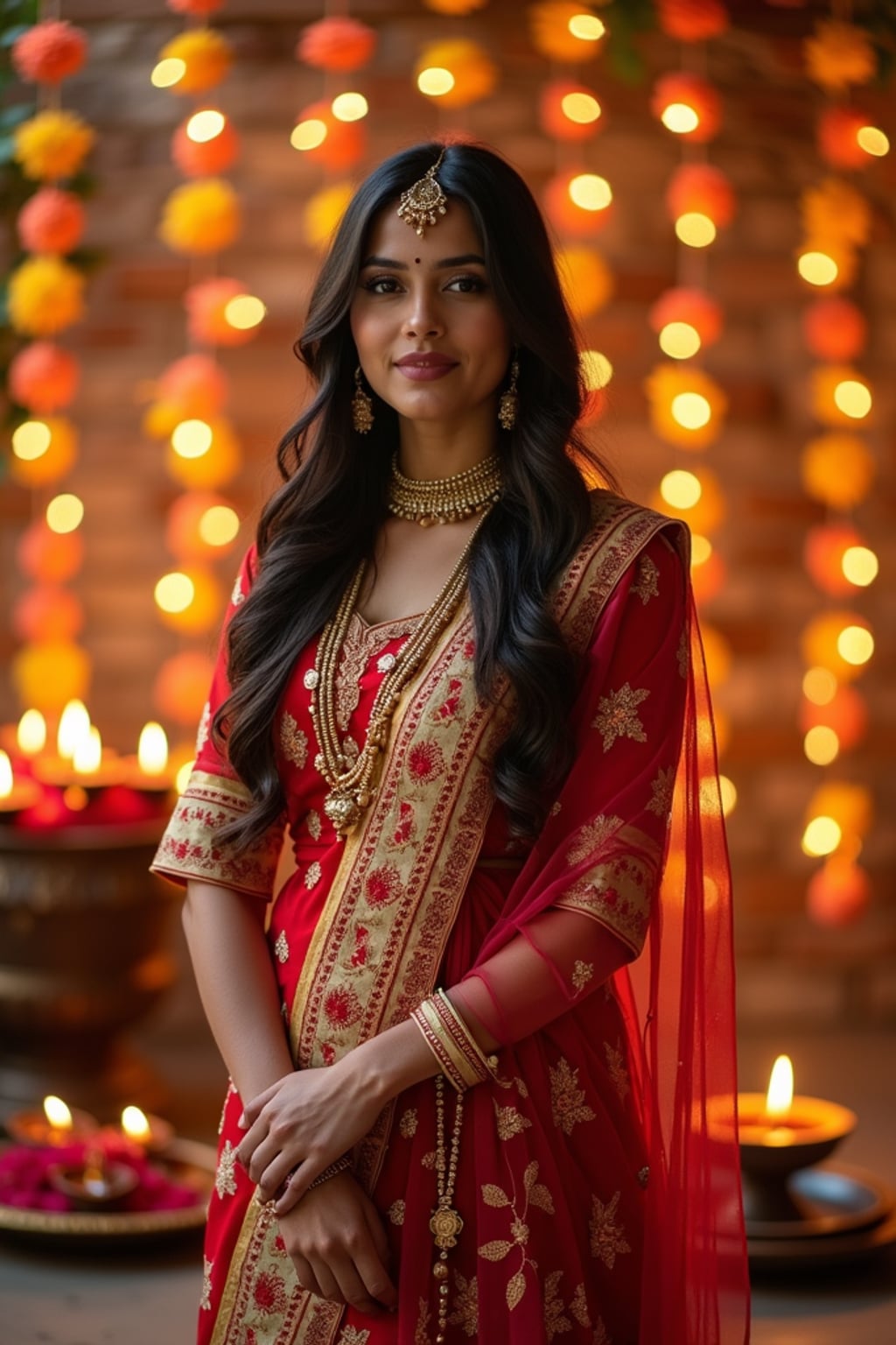 A woman standing near a beautifully decorated Diwali backdrop with hanging lights, flowers, and diyas, exuding the festive spirit in a traditional dress.