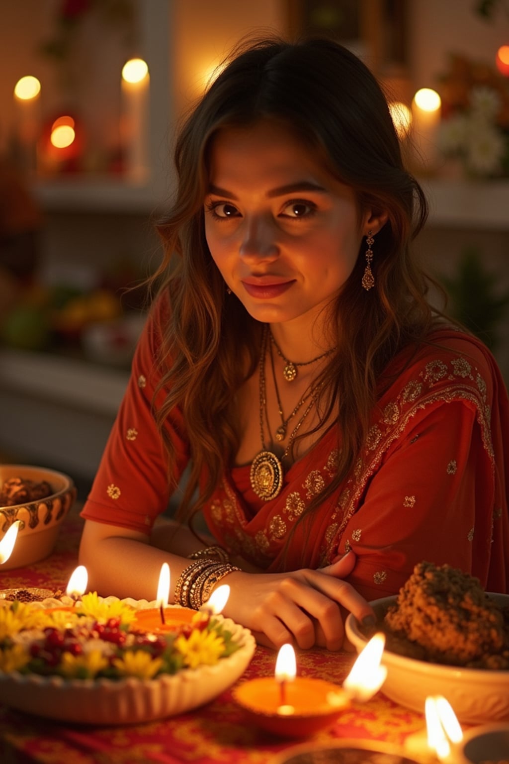 A photo with a woman posing around a decorated puja area, with candles, diyas, and traditional Indian sweets on display.