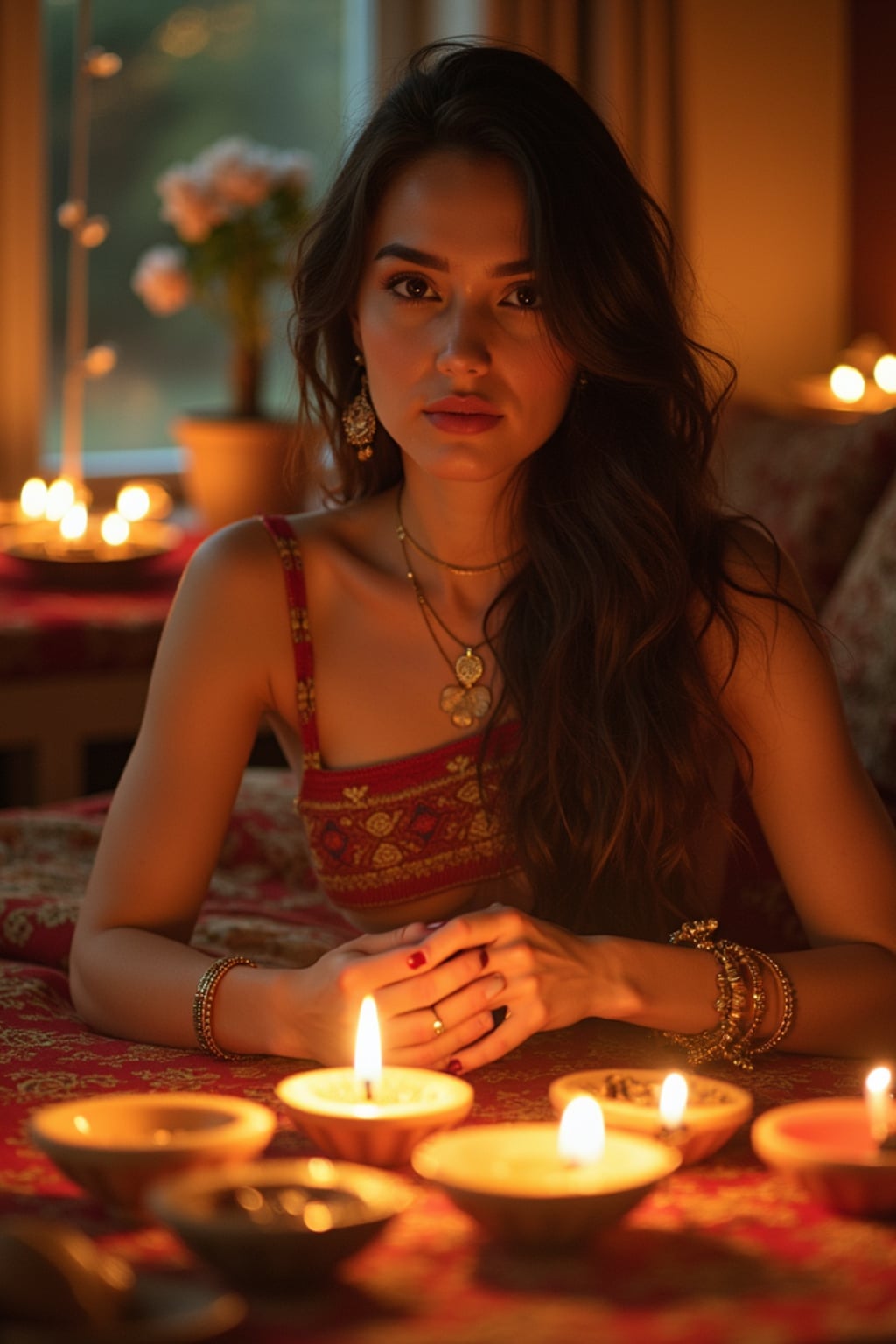 A photo with a woman posing around a decorated puja area, with candles, diyas, and traditional Indian sweets on display.