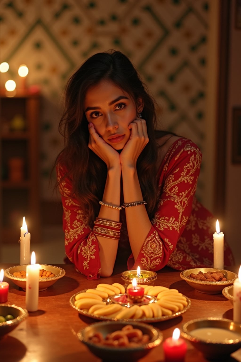A photo with a woman posing around a decorated puja area, with candles, diyas, and traditional Indian sweets on display.
