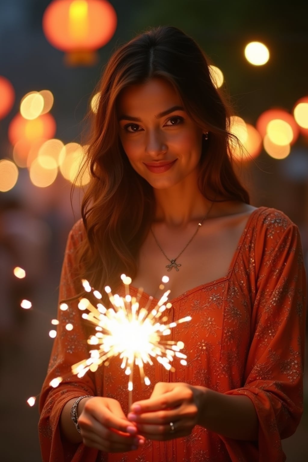 A woman lighting sparklers outdoors in a vibrant setting with Diwali decorations like string lights and lanterns.