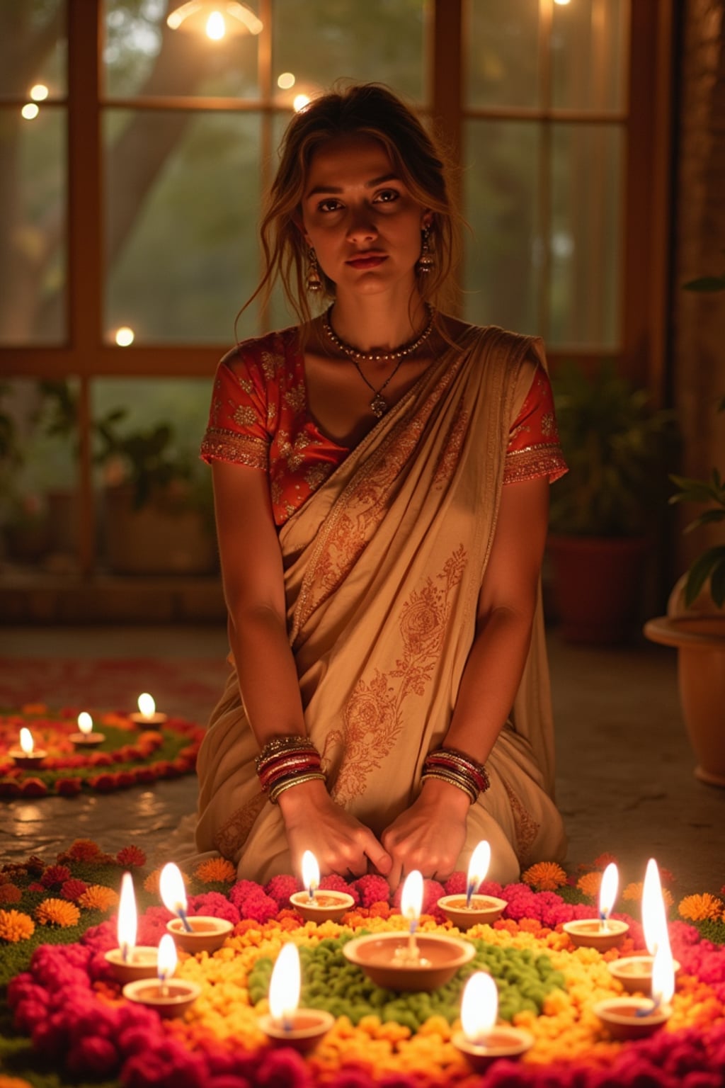 A woman wearing a traditional Indian outfit like a sari or kurta, standing beside a rangoli made of colorful flowers and lit diyas, with a festive backdrop.
