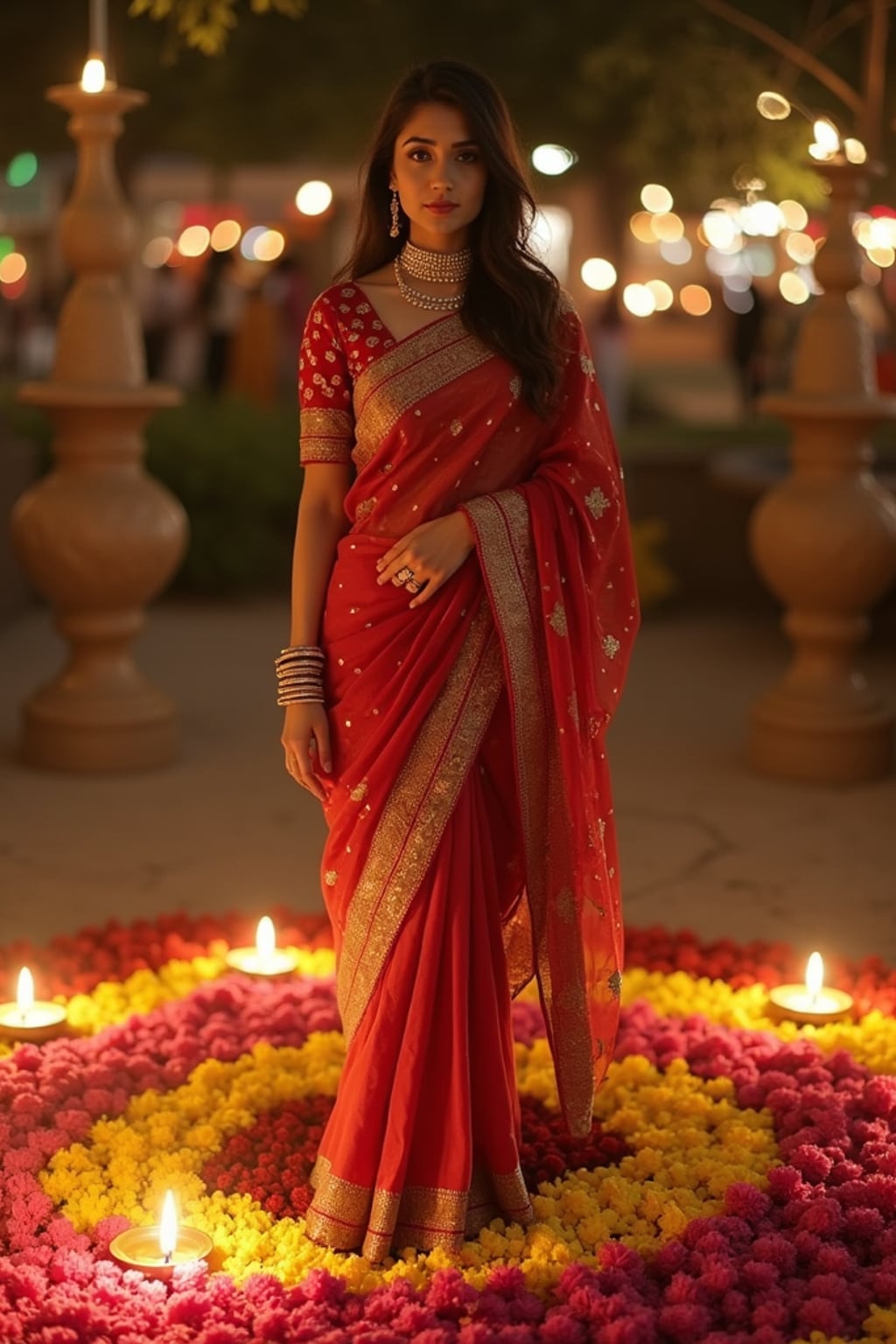 A woman wearing a traditional Indian outfit like a sari or kurta, standing beside a rangoli made of colorful flowers and lit diyas, with a festive backdrop.