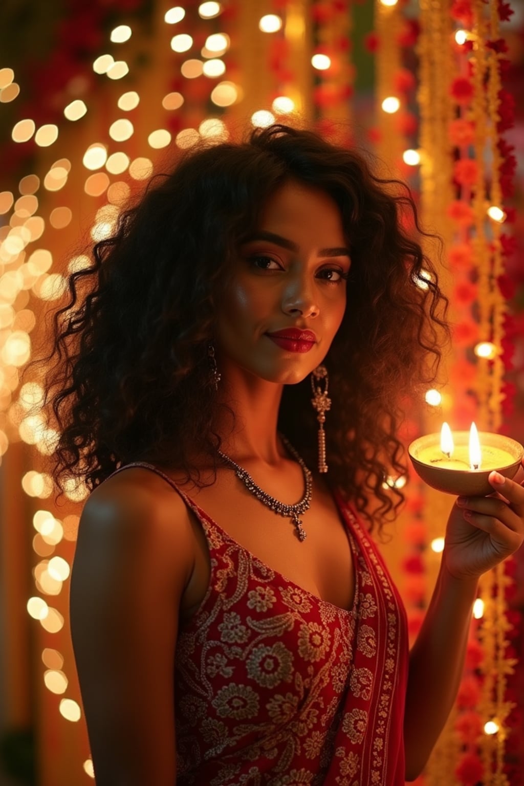 A woman standing near a beautifully decorated Diwali backdrop with hanging lights, flowers, and diyas, exuding the festive spirit in a traditional dress.