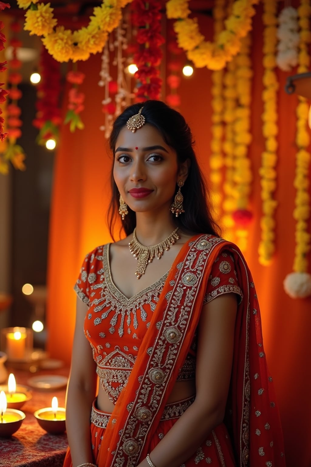 A woman standing near a beautifully decorated Diwali backdrop with hanging lights, flowers, and diyas, exuding the festive spirit in a traditional dress.