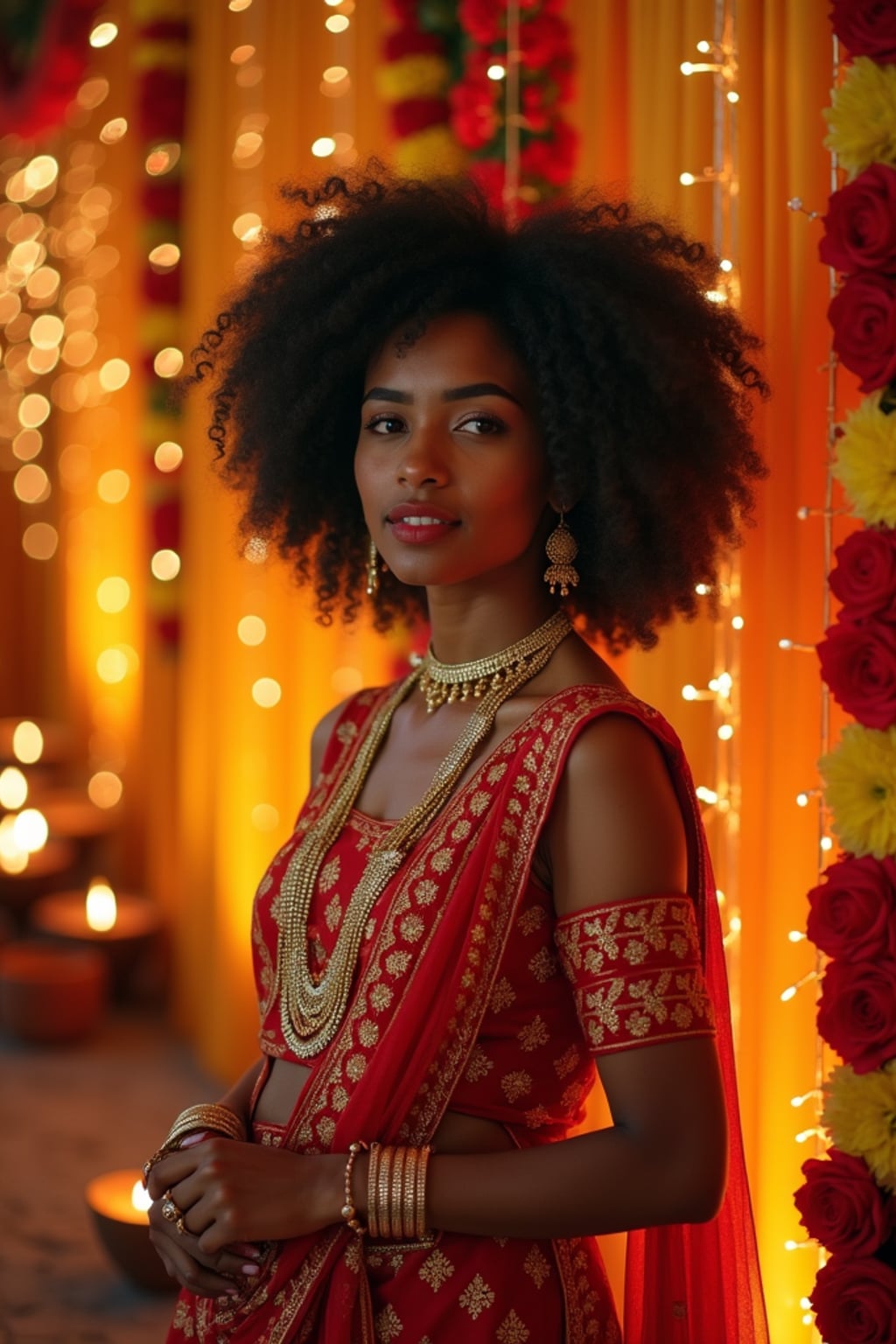 A woman standing near a beautifully decorated Diwali backdrop with hanging lights, flowers, and diyas, exuding the festive spirit in a traditional dress.