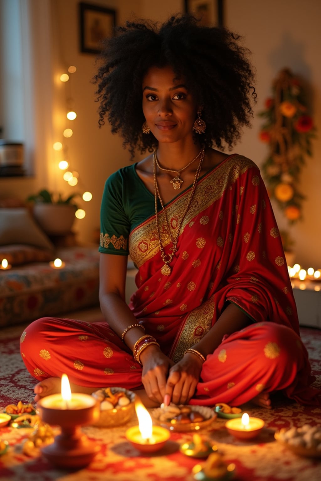 A photo with a woman posing around a decorated puja area, with candles, diyas, and traditional Indian sweets on display.
