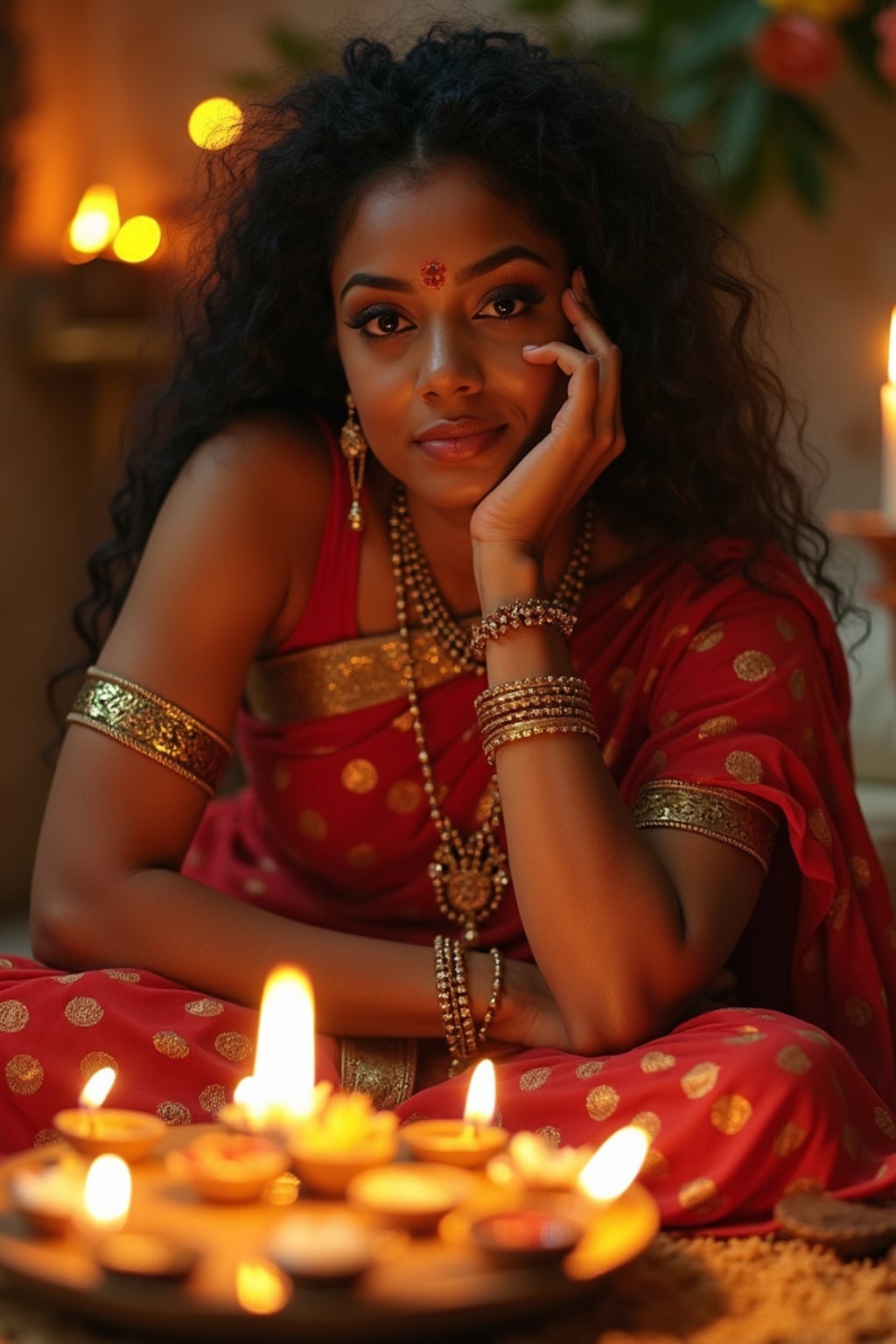 A photo with a woman posing around a decorated puja area, with candles, diyas, and traditional Indian sweets on display.