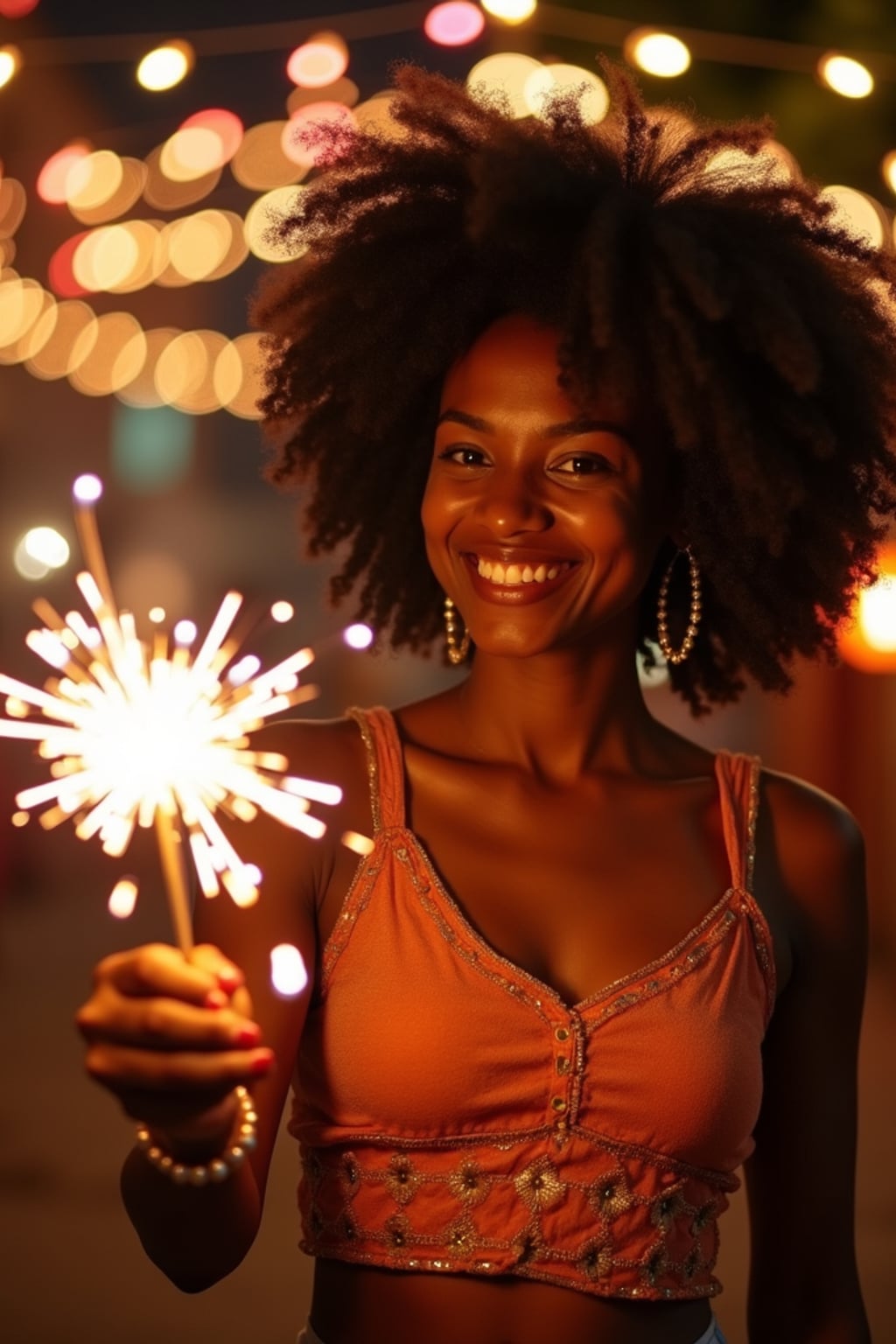 A woman lighting sparklers outdoors in a vibrant setting with Diwali decorations like string lights and lanterns.