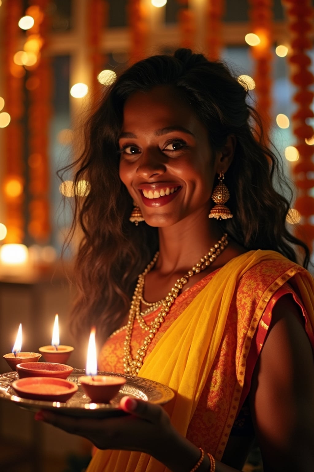 A woman holding a thali (plate) with diyas, wearing ethnic attire, and smiling against a backdrop of decorative lights and marigold garlands.