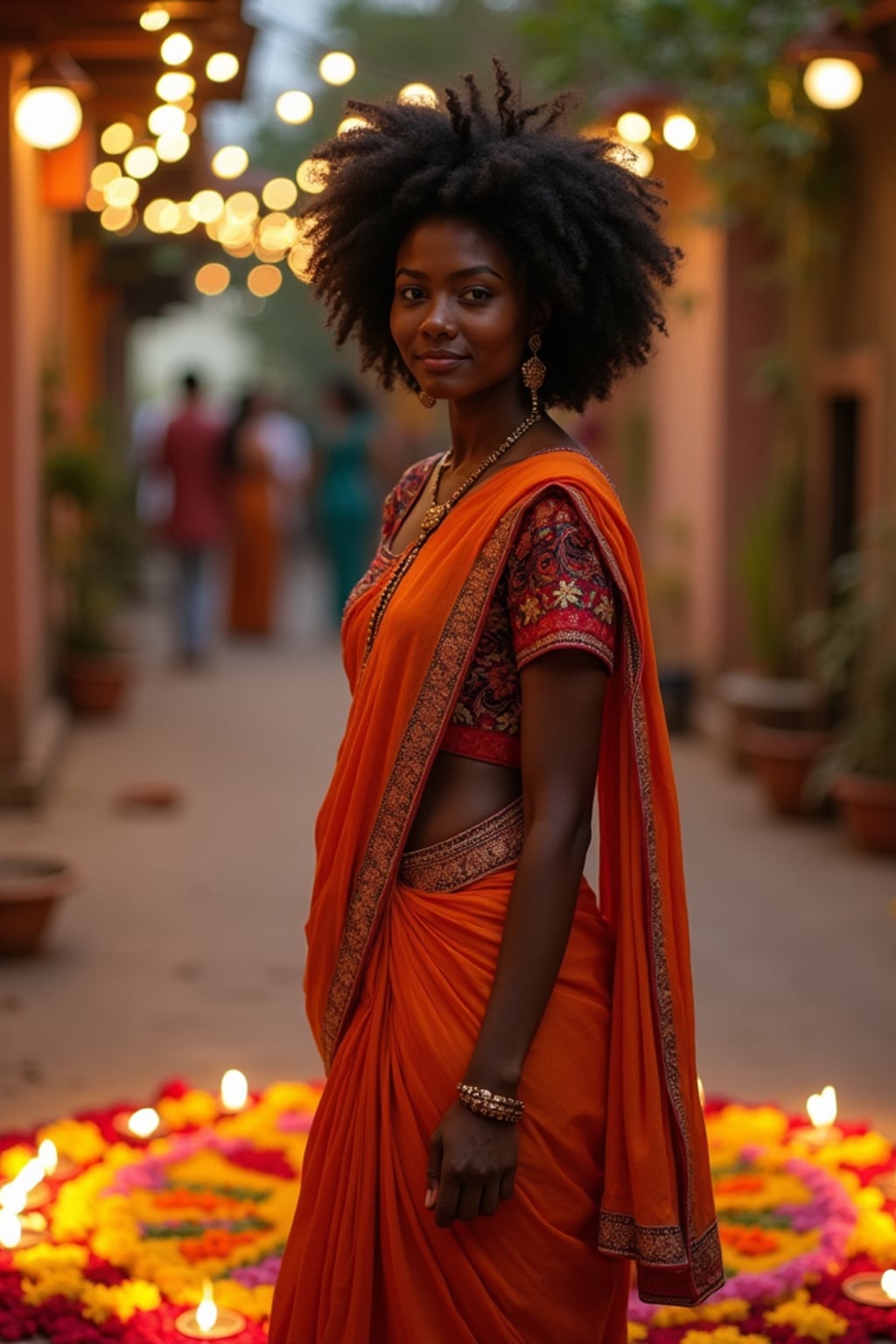 A woman wearing a traditional Indian outfit like a sari or kurta, standing beside a rangoli made of colorful flowers and lit diyas, with a festive backdrop.