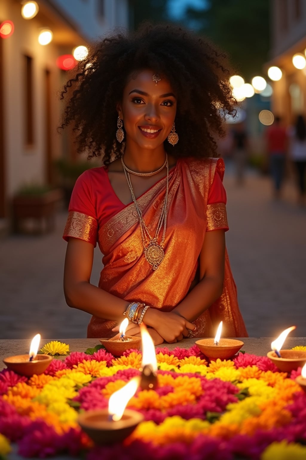 A woman wearing a traditional Indian outfit like a sari or kurta, standing beside a rangoli made of colorful flowers and lit diyas, with a festive backdrop.