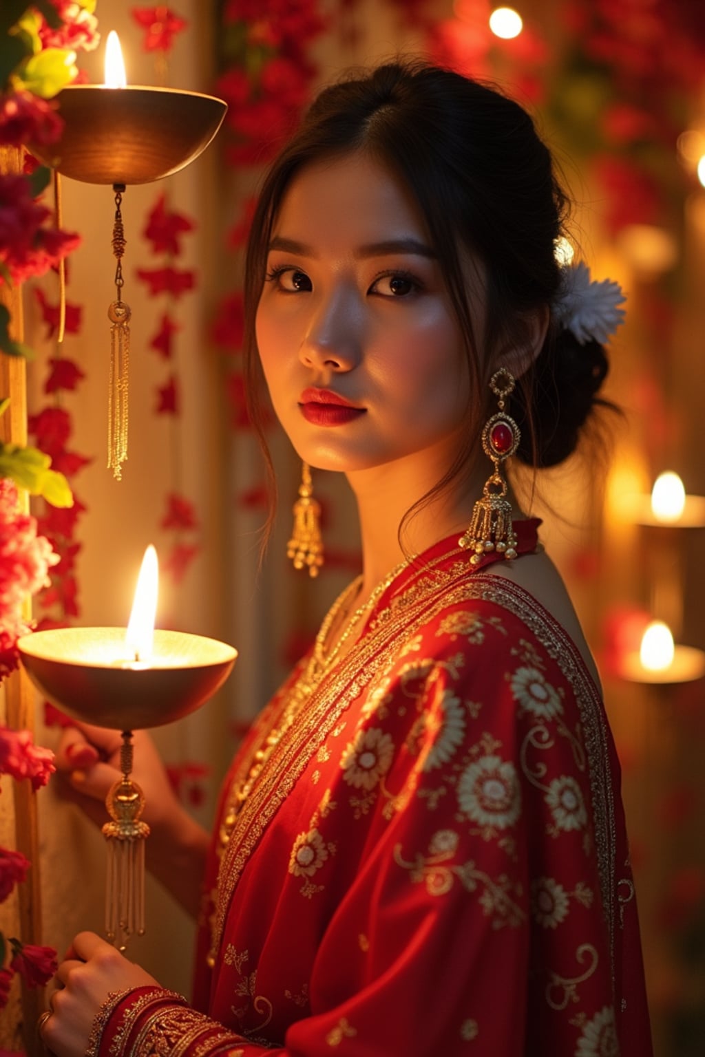 A woman standing near a beautifully decorated Diwali backdrop with hanging lights, flowers, and diyas, exuding the festive spirit in a traditional dress.