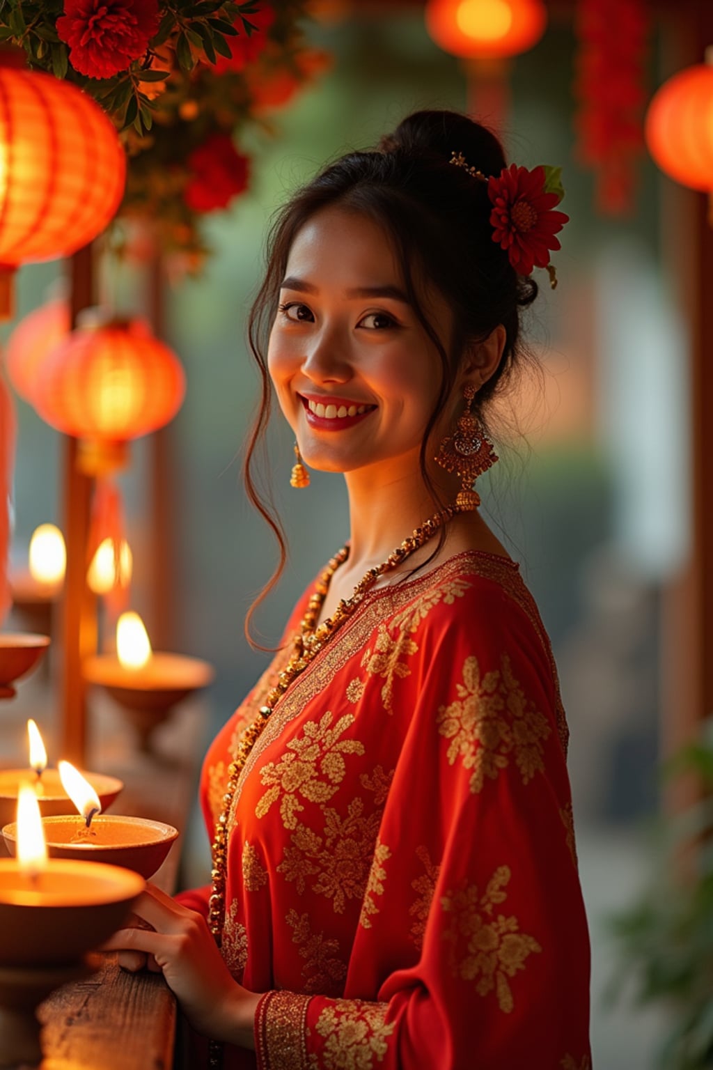 A woman standing near a beautifully decorated Diwali backdrop with hanging lights, flowers, and diyas, exuding the festive spirit in a traditional dress.