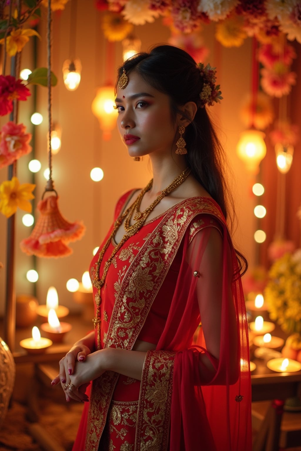 A woman standing near a beautifully decorated Diwali backdrop with hanging lights, flowers, and diyas, exuding the festive spirit in a traditional dress.