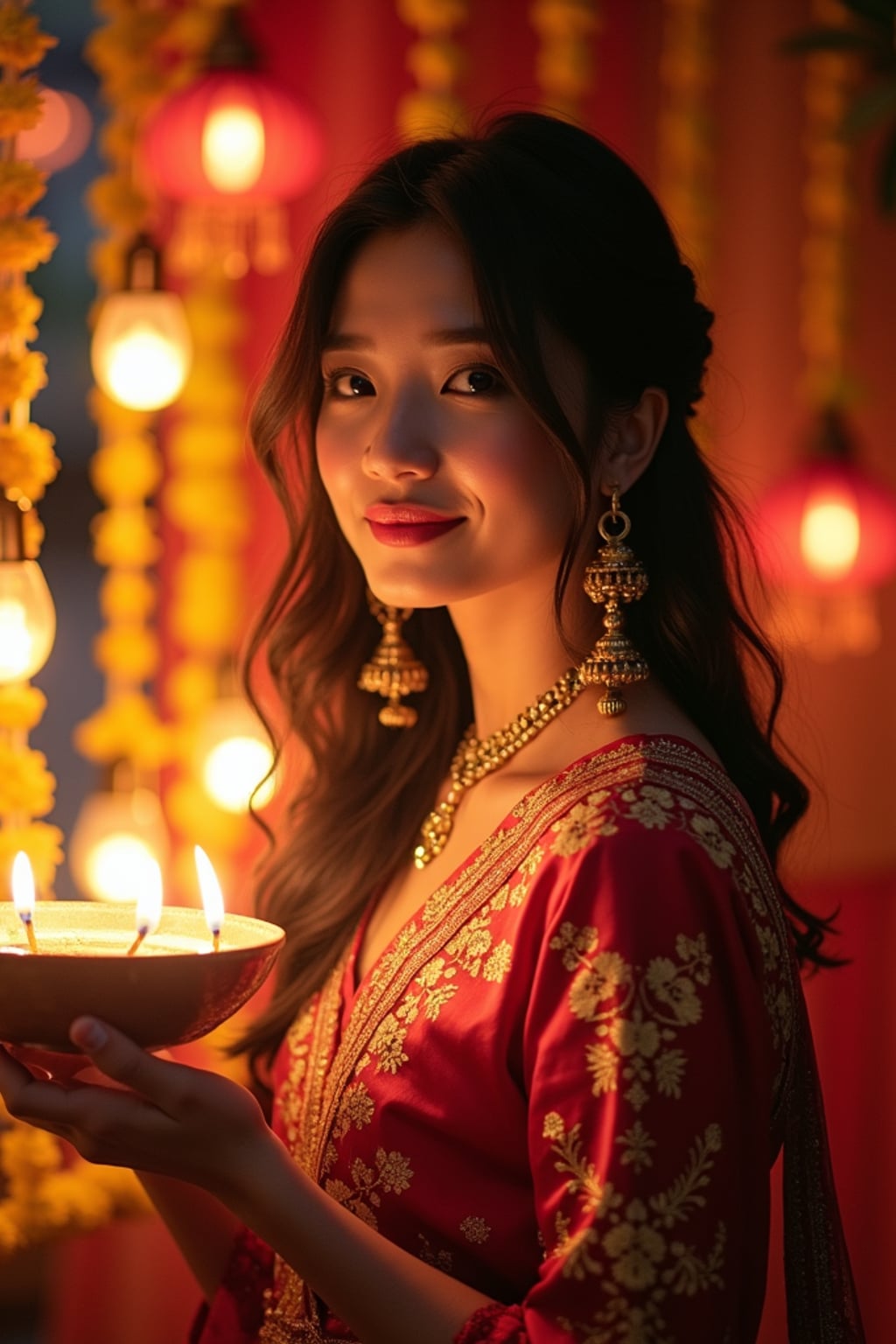 A woman standing near a beautifully decorated Diwali backdrop with hanging lights, flowers, and diyas, exuding the festive spirit in a traditional dress.