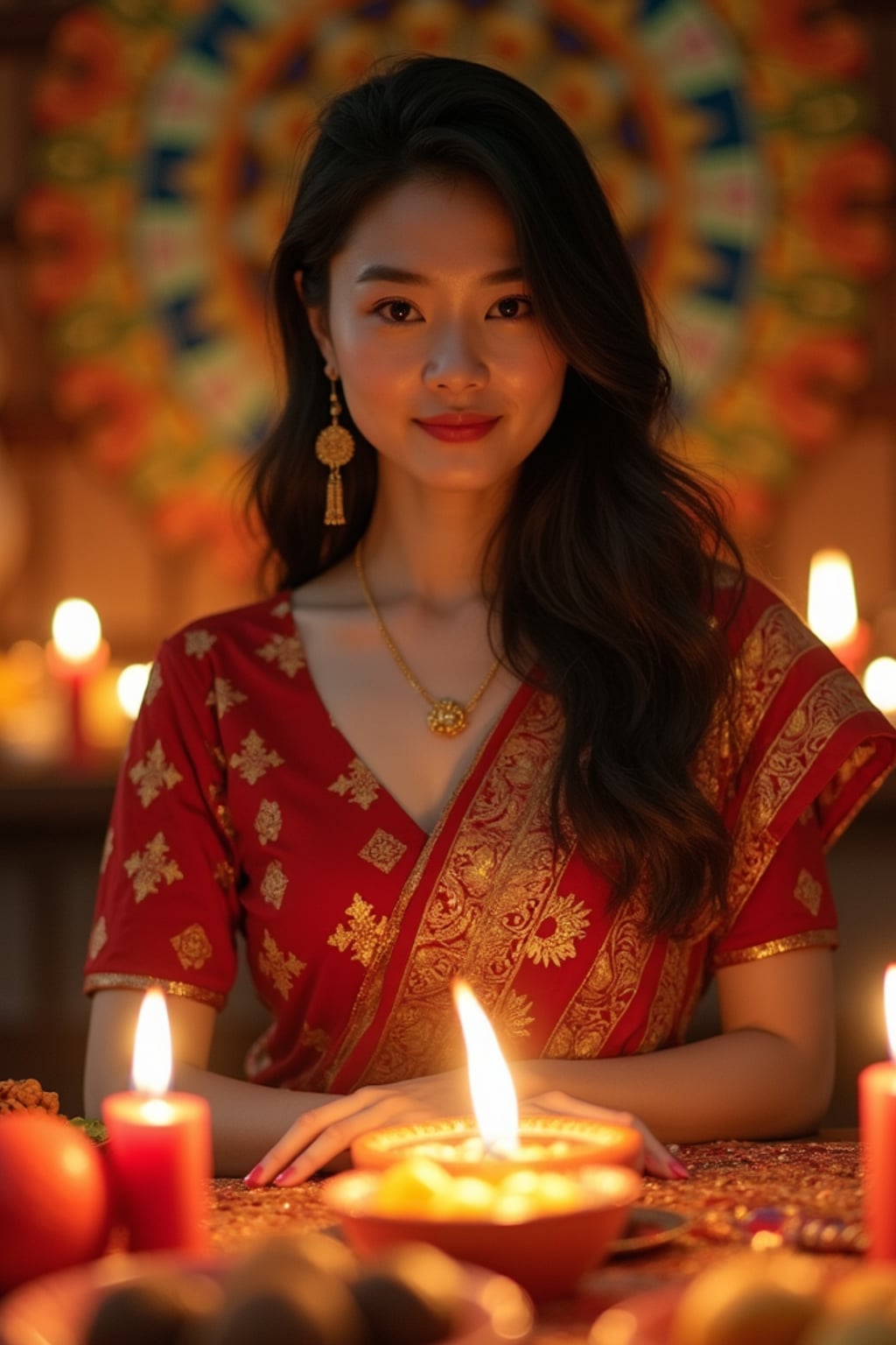 A photo with a woman posing around a decorated puja area, with candles, diyas, and traditional Indian sweets on display.