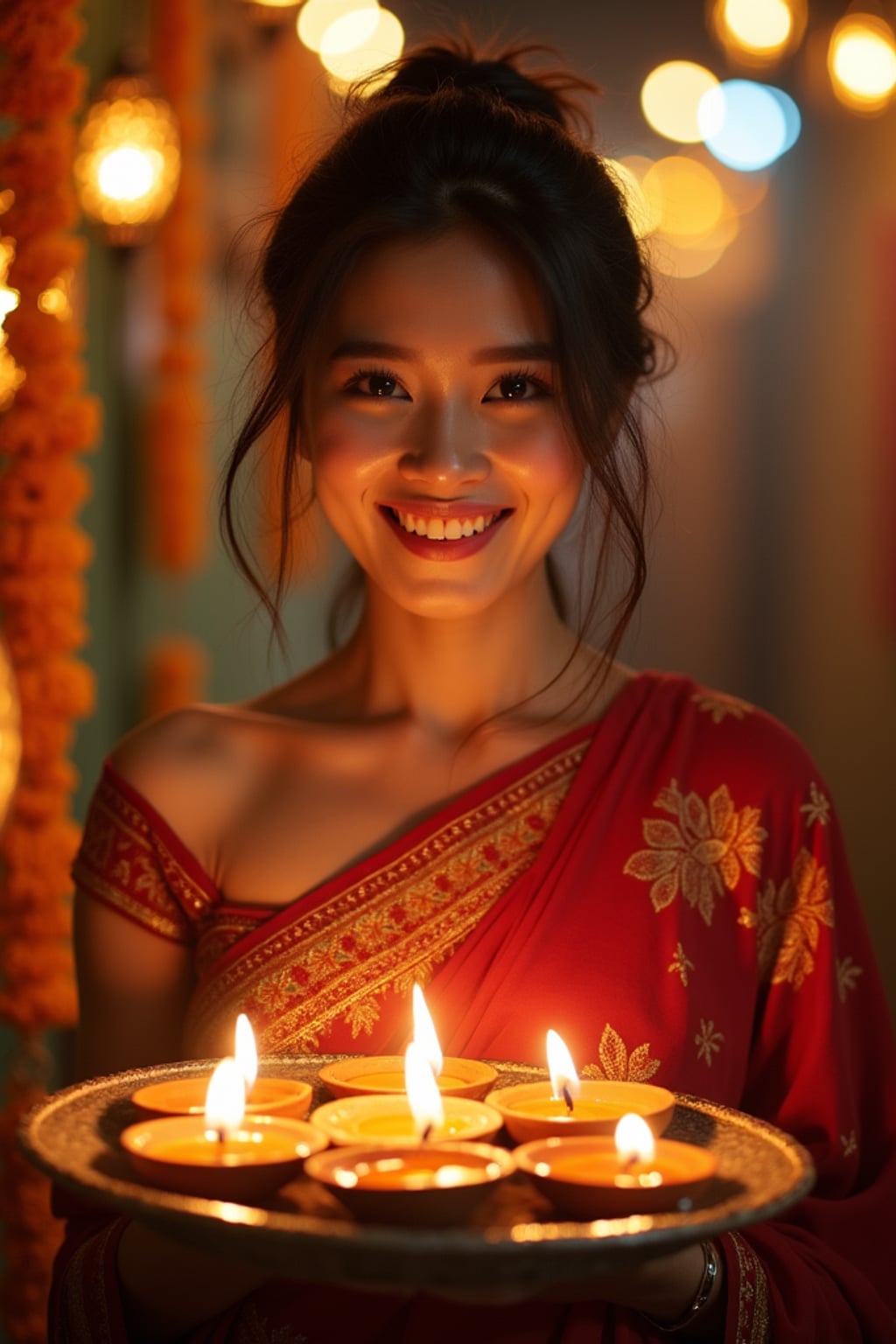 A woman holding a thali (plate) with diyas, wearing ethnic attire, and smiling against a backdrop of decorative lights and marigold garlands.