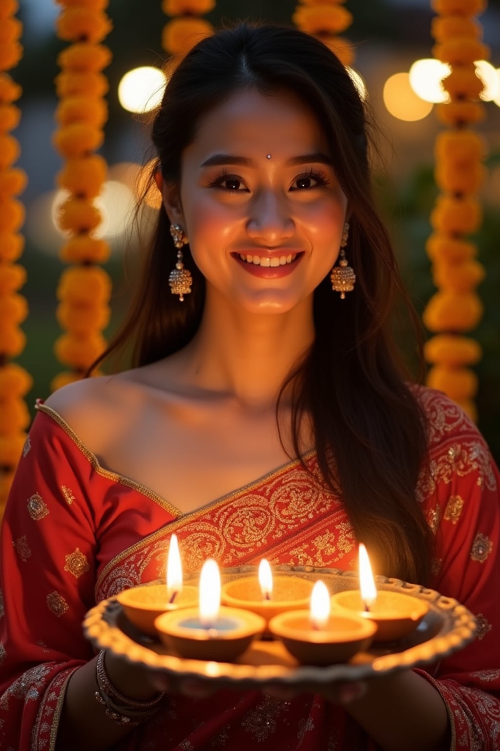 A woman holding a thali (plate) with diyas, wearing ethnic attire, and smiling against a backdrop of decorative lights and marigold garlands.