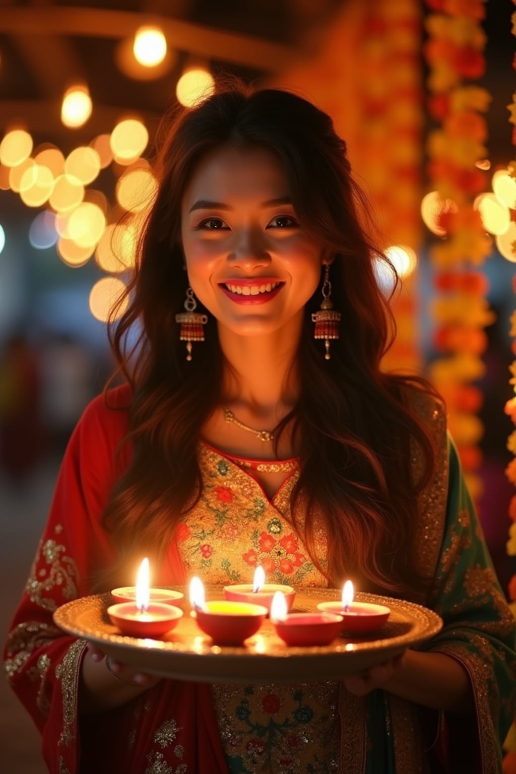 A woman holding a thali (plate) with diyas, wearing ethnic attire, and smiling against a backdrop of decorative lights and marigold garlands.