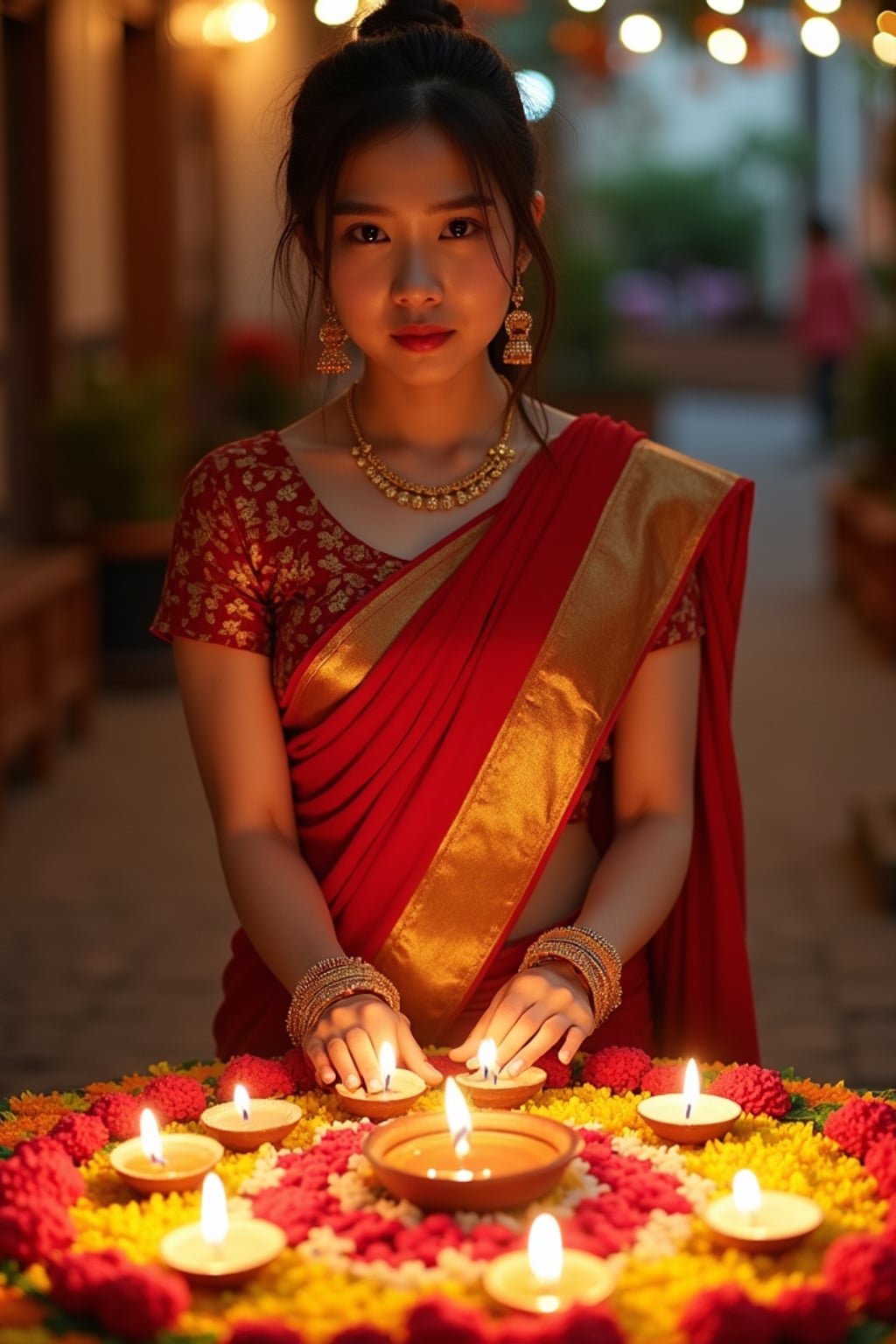 A woman wearing a traditional Indian outfit like a sari or kurta, standing beside a rangoli made of colorful flowers and lit diyas, with a festive backdrop.