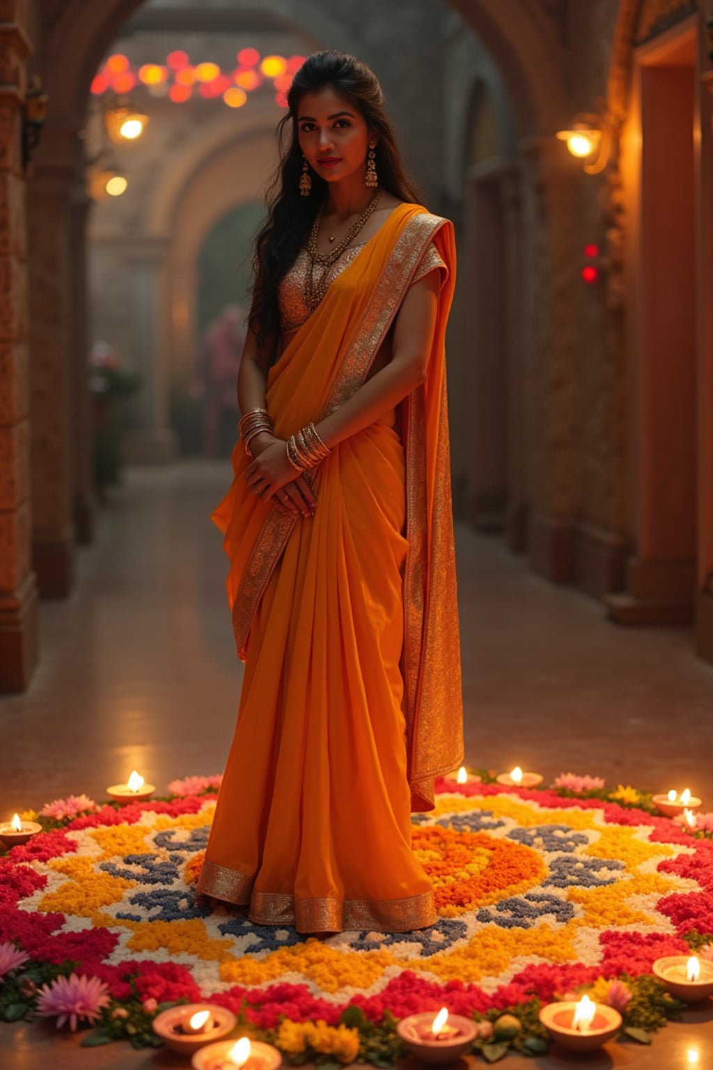 A woman wearing a traditional Indian outfit like a sari or kurta, standing beside a rangoli made of colorful flowers and lit diyas, with a festive backdrop.