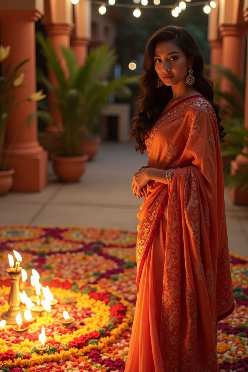 A woman wearing a traditional Indian outfit like a sari or kurta, standing beside a rangoli made of colorful flowers and lit diyas, with a festive backdrop.