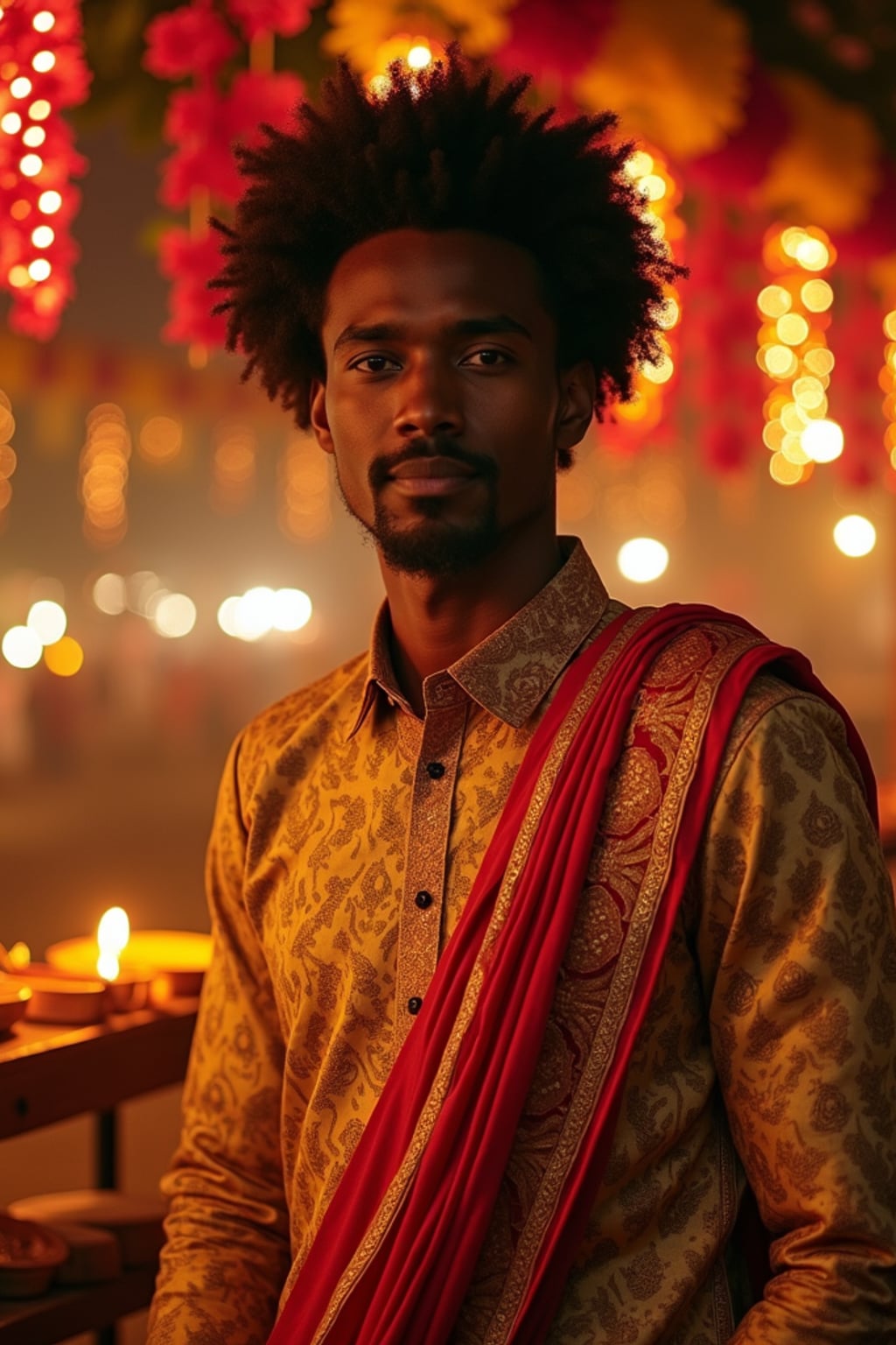 A man standing near a beautifully decorated Diwali backdrop with hanging lights, flowers, and diyas, exuding the festive spirit in a traditional dress.