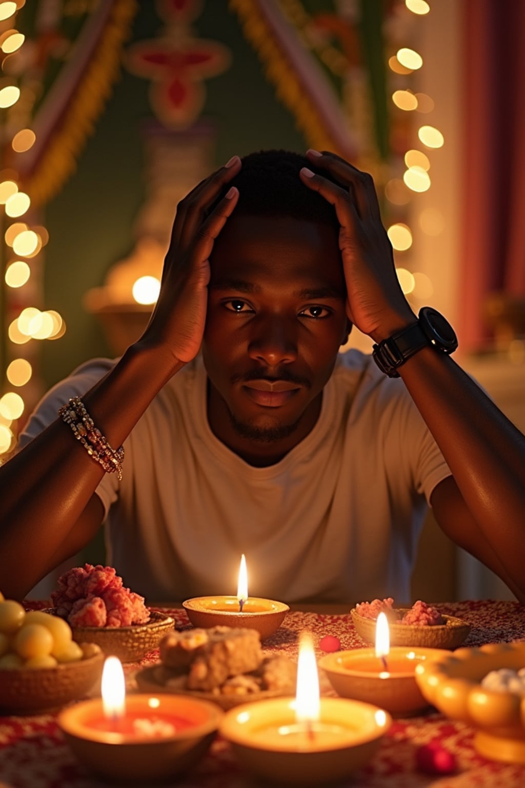 A photo with a man posing around a decorated puja area, with candles, diyas, and traditional Indian sweets on display.