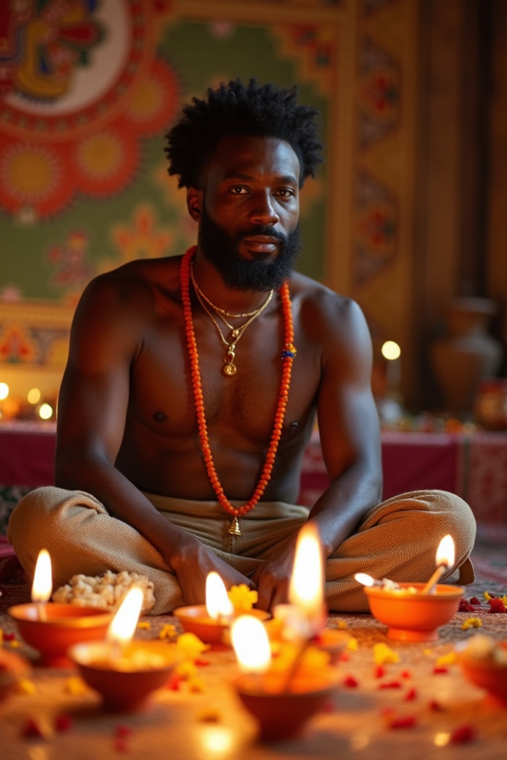 A photo with a man posing around a decorated puja area, with candles, diyas, and traditional Indian sweets on display.