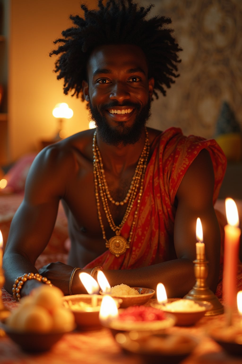 A photo with a man posing around a decorated puja area, with candles, diyas, and traditional Indian sweets on display.