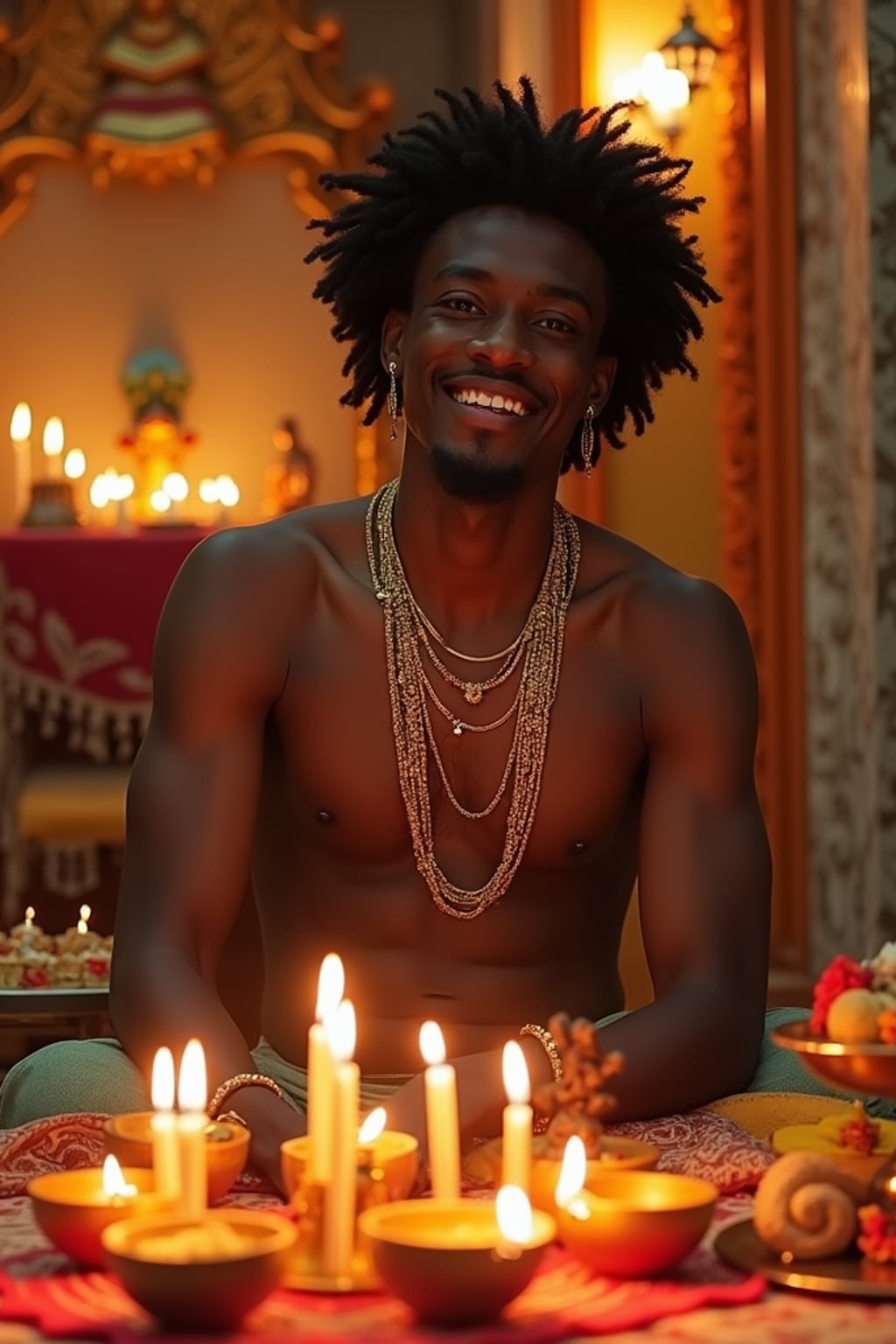 A photo with a man posing around a decorated puja area, with candles, diyas, and traditional Indian sweets on display.
