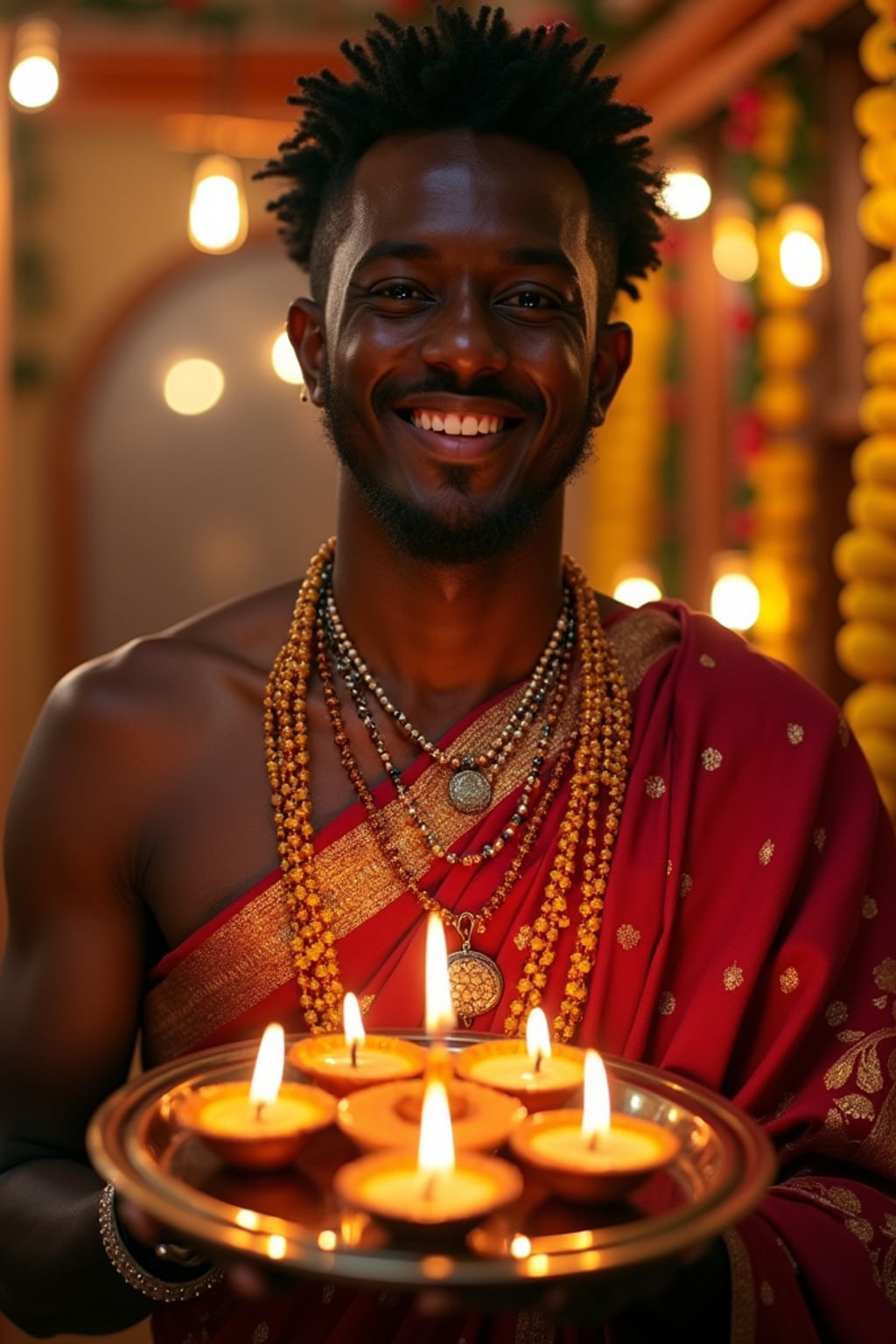 A man holding a thali (plate) with diyas, wearing ethnic attire, and smiling against a backdrop of decorative lights and marigold garlands.