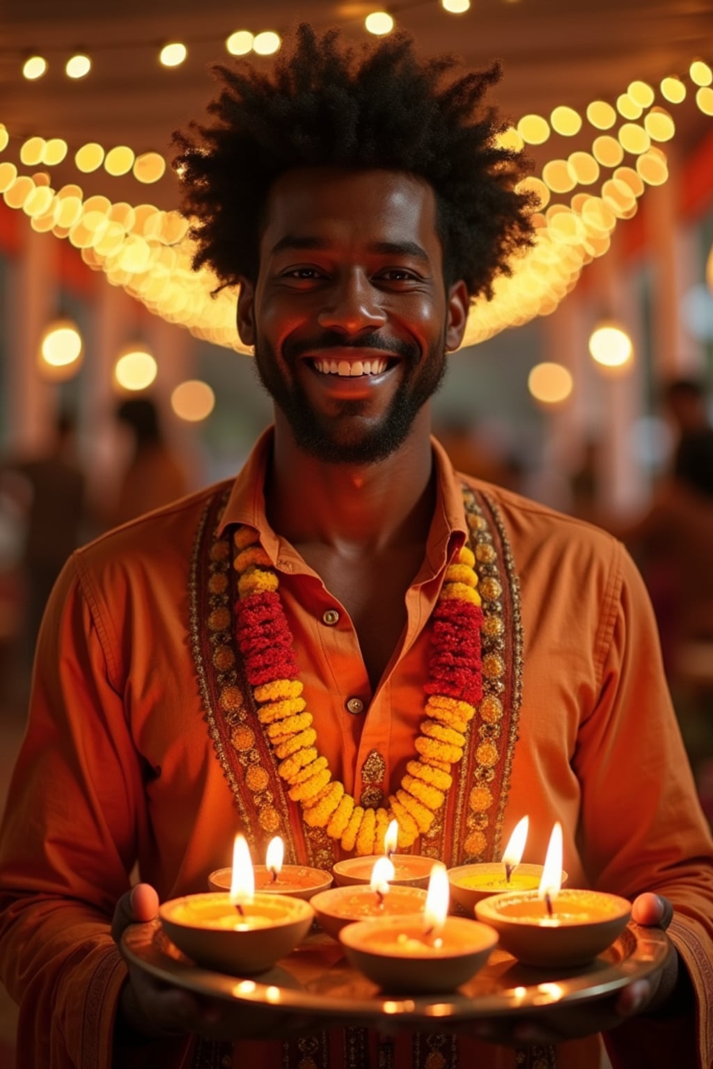 A man holding a thali (plate) with diyas, wearing ethnic attire, and smiling against a backdrop of decorative lights and marigold garlands.