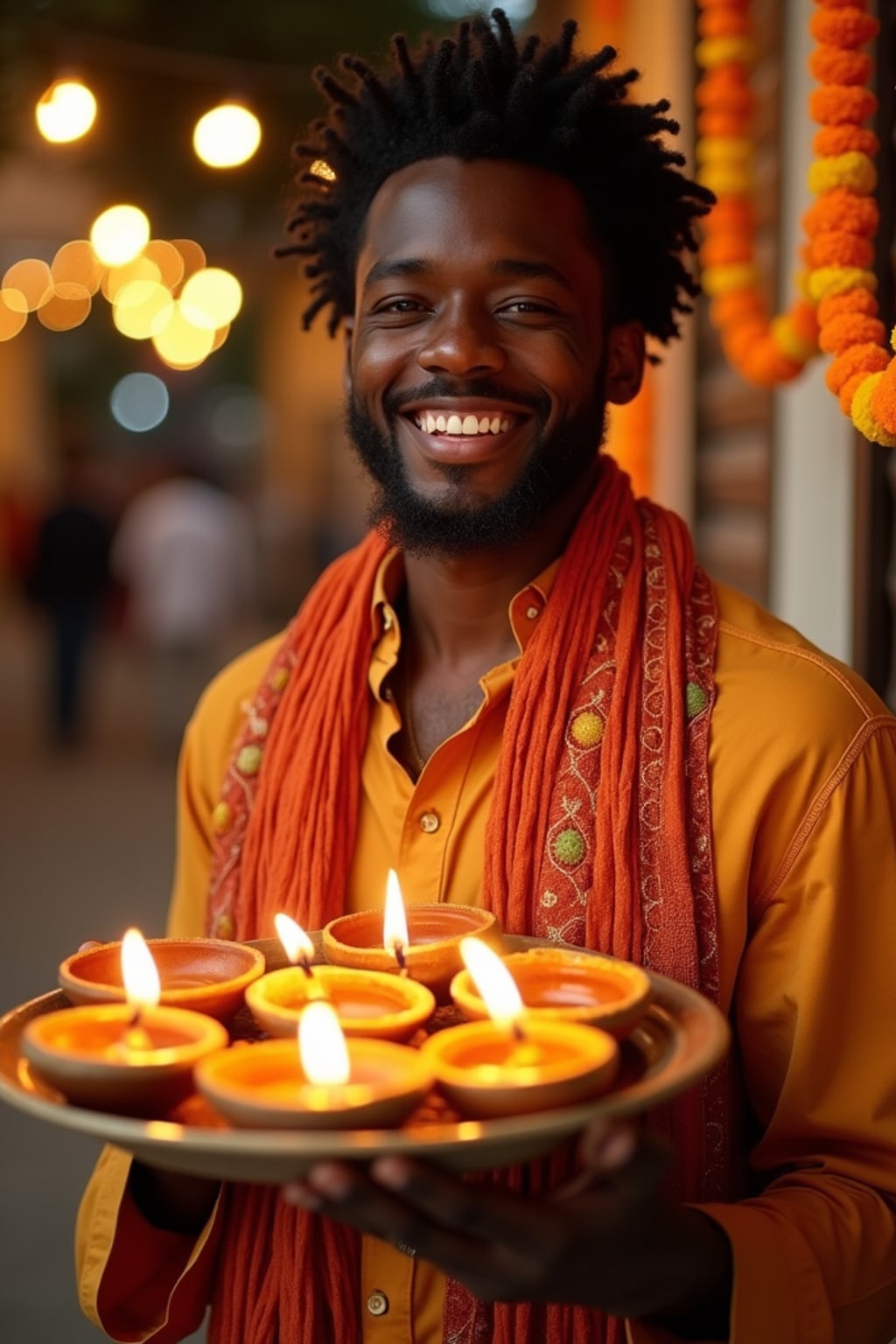 A man holding a thali (plate) with diyas, wearing ethnic attire, and smiling against a backdrop of decorative lights and marigold garlands.