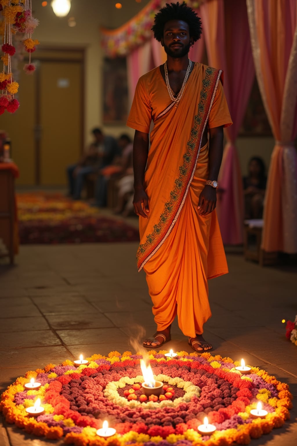 A man wearing a traditional Indian outfit like a sari or kurta, standing beside a rangoli made of colorful flowers and lit diyas, with a festive backdrop.