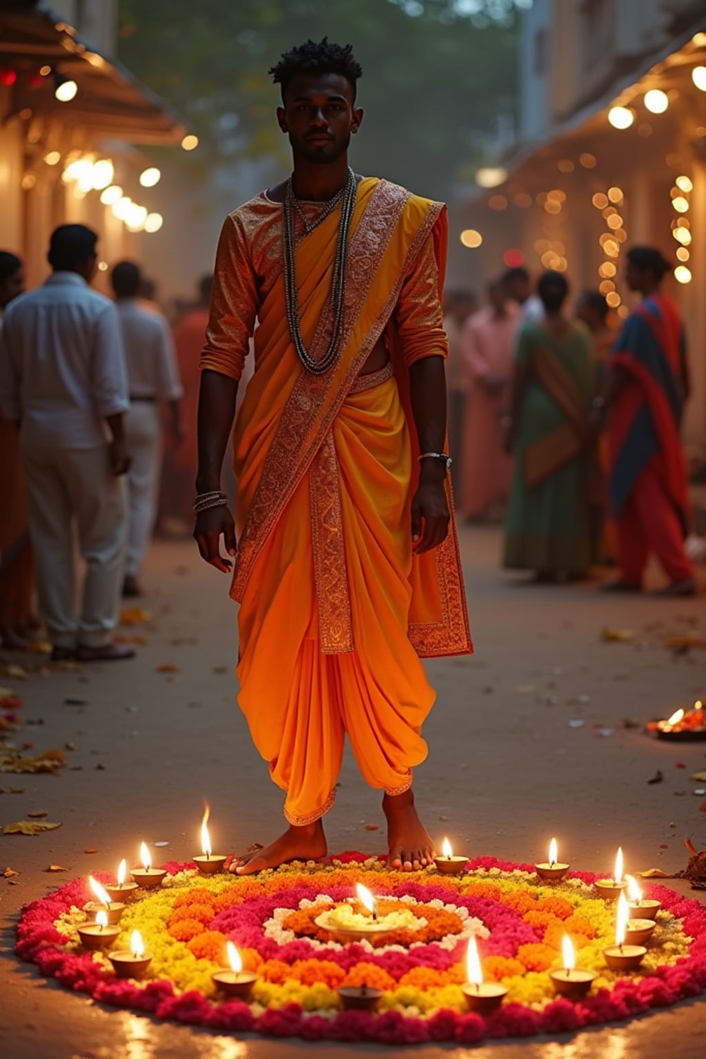 A man wearing a traditional Indian outfit like a sari or kurta, standing beside a rangoli made of colorful flowers and lit diyas, with a festive backdrop.