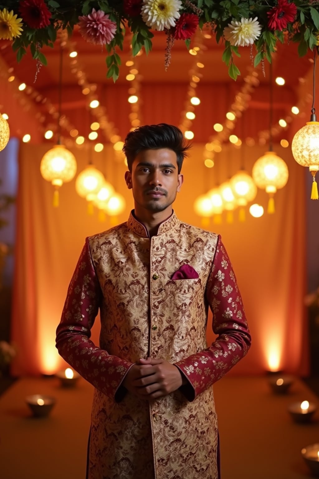 A man standing near a beautifully decorated Diwali backdrop with hanging lights, flowers, and diyas, exuding the festive spirit in a traditional dress.