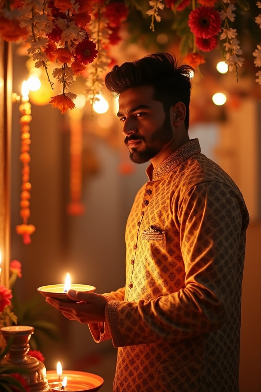 A man standing near a beautifully decorated Diwali backdrop with hanging lights, flowers, and diyas, exuding the festive spirit in a traditional dress.