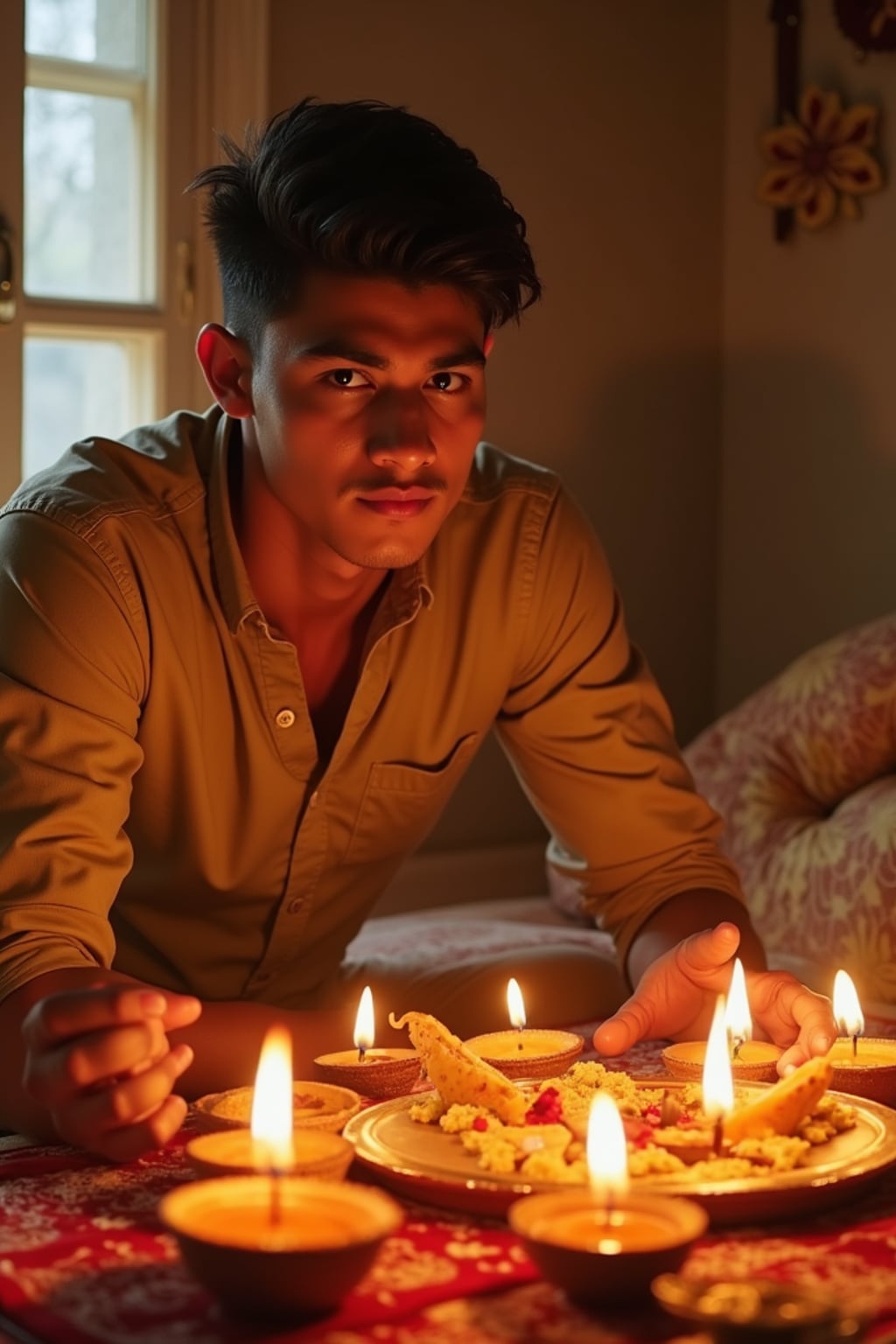 A photo with a man posing around a decorated puja area, with candles, diyas, and traditional Indian sweets on display.