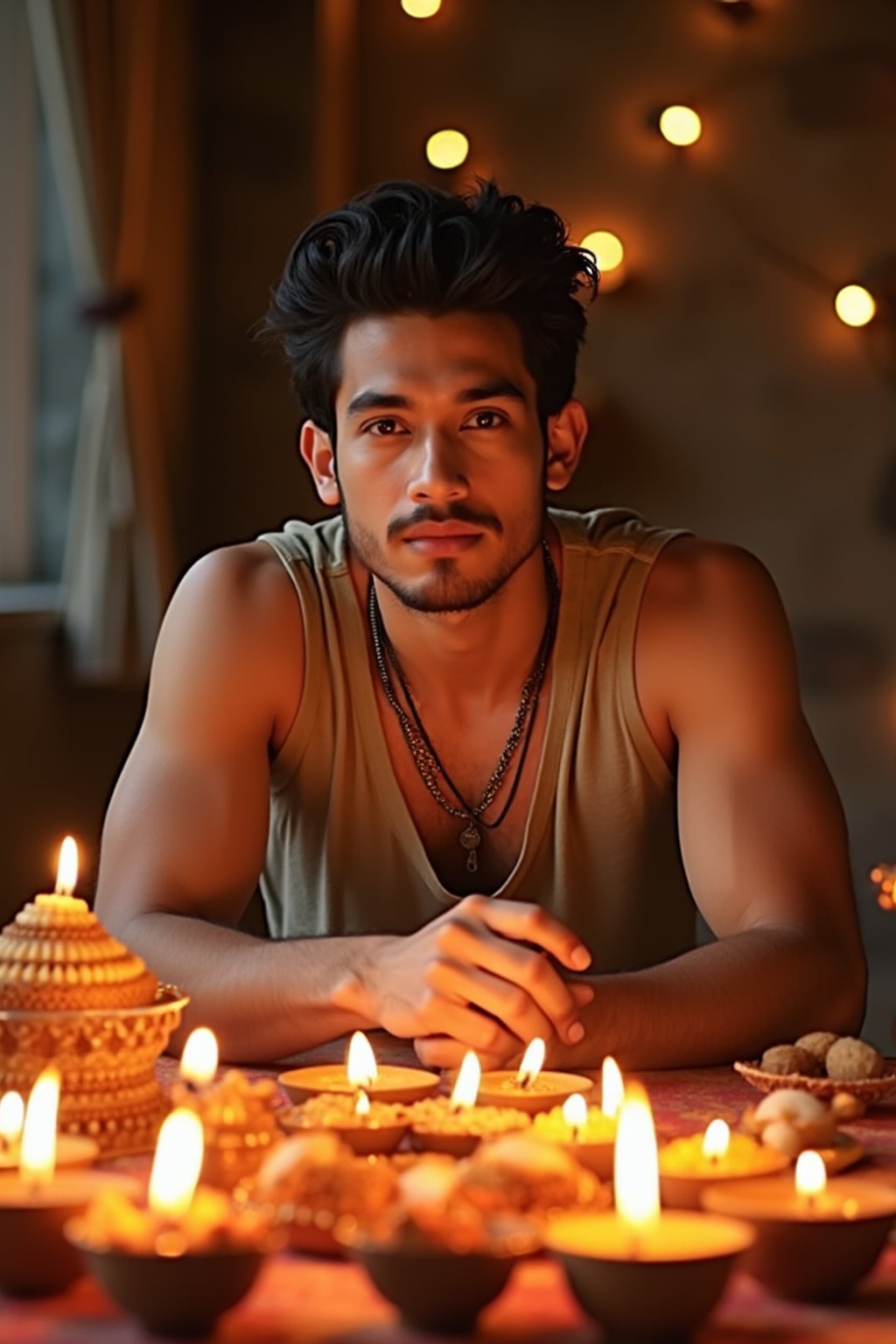 A photo with a man posing around a decorated puja area, with candles, diyas, and traditional Indian sweets on display.