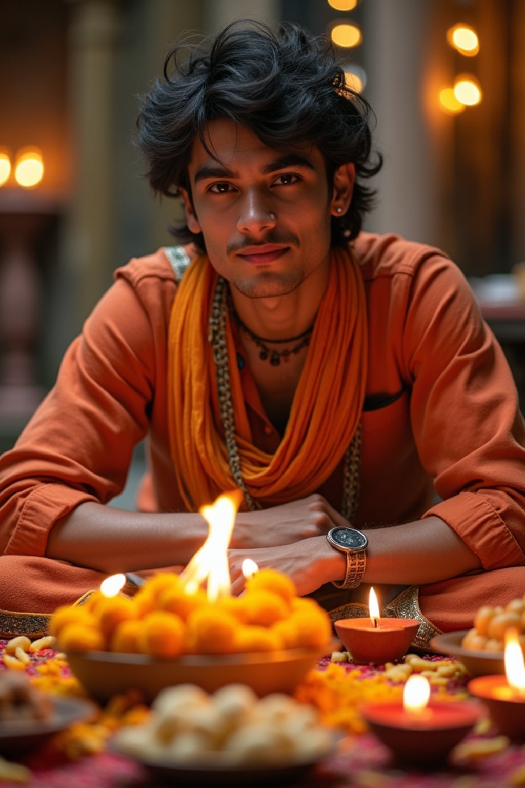 A photo with a man posing around a decorated puja area, with candles, diyas, and traditional Indian sweets on display.