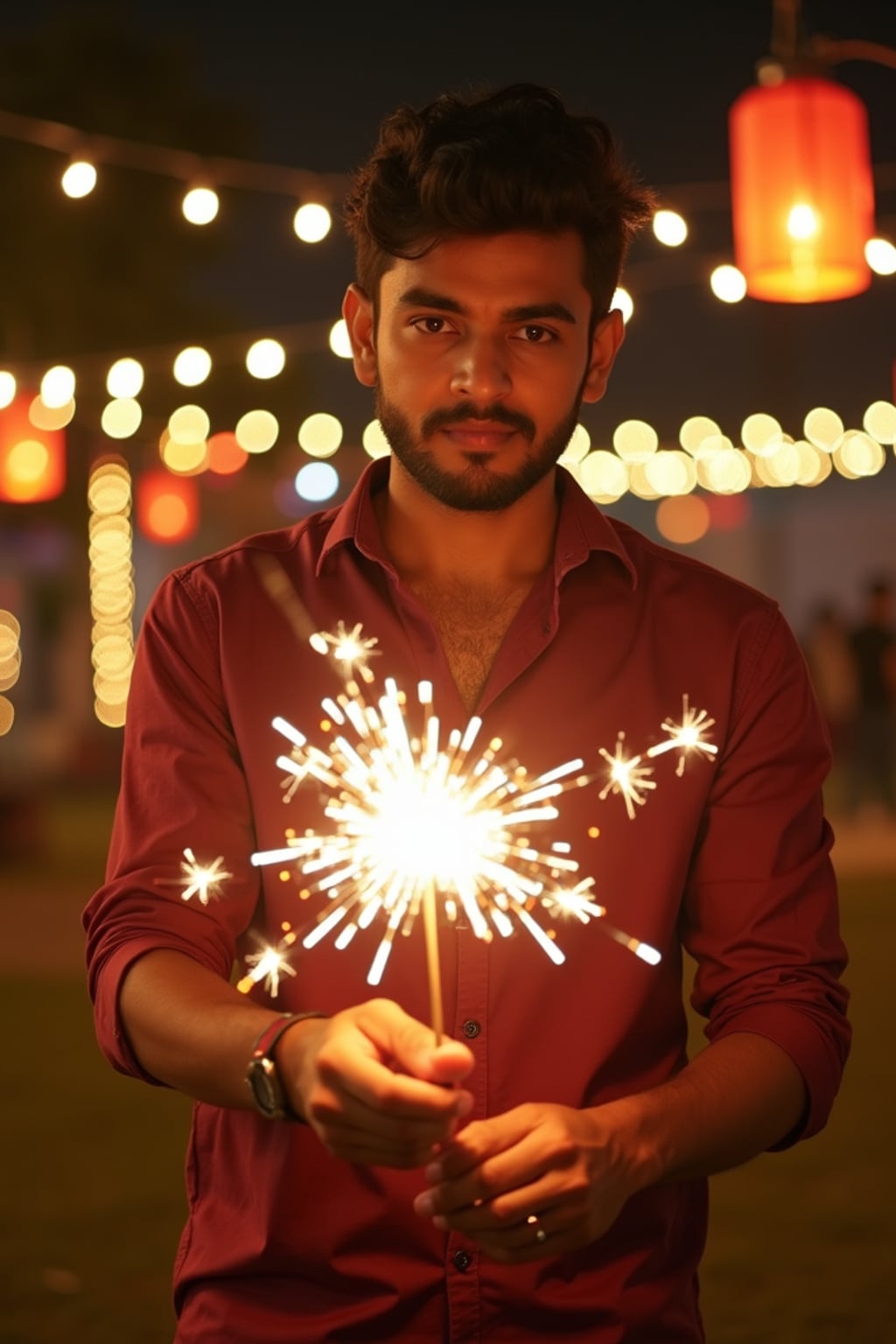 A man lighting sparklers outdoors in a vibrant setting with Diwali decorations like string lights and lanterns.