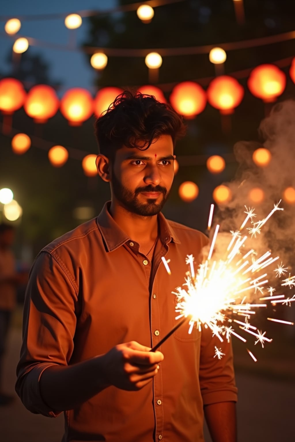 A man lighting sparklers outdoors in a vibrant setting with Diwali decorations like string lights and lanterns.