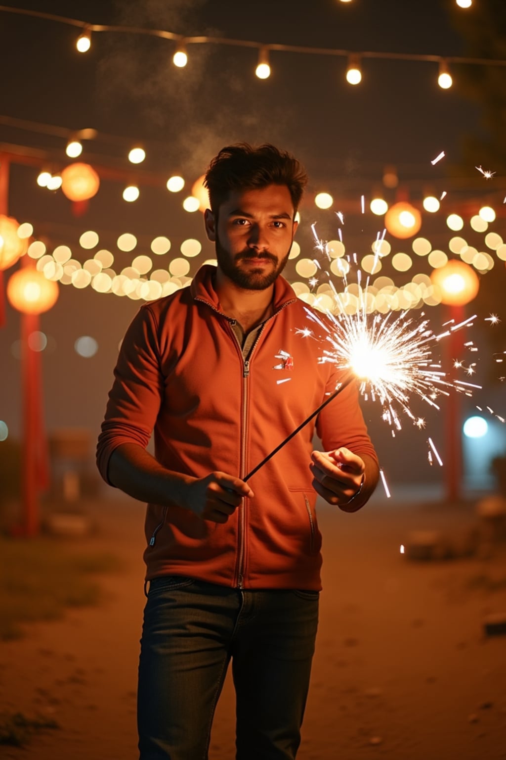 A man lighting sparklers outdoors in a vibrant setting with Diwali decorations like string lights and lanterns.
