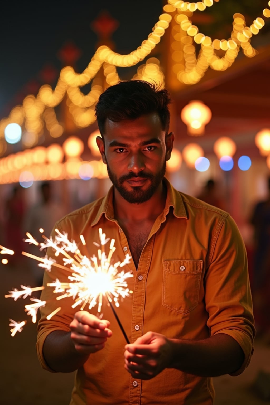 A man lighting sparklers outdoors in a vibrant setting with Diwali decorations like string lights and lanterns.