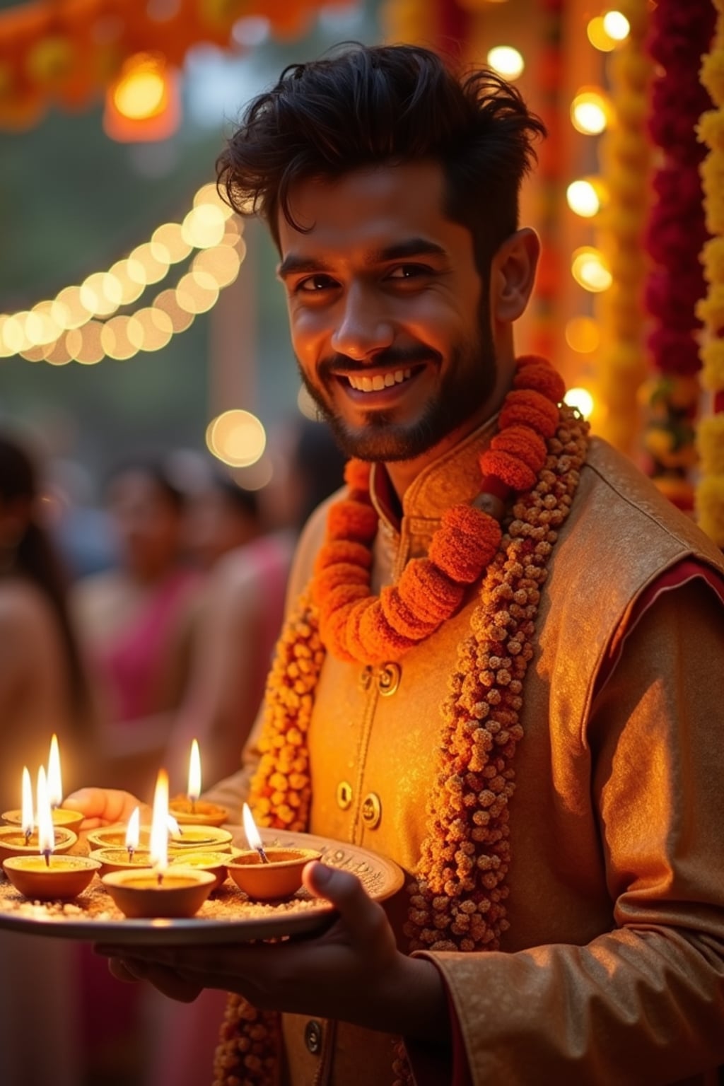 A man holding a thali (plate) with diyas, wearing ethnic attire, and smiling against a backdrop of decorative lights and marigold garlands.