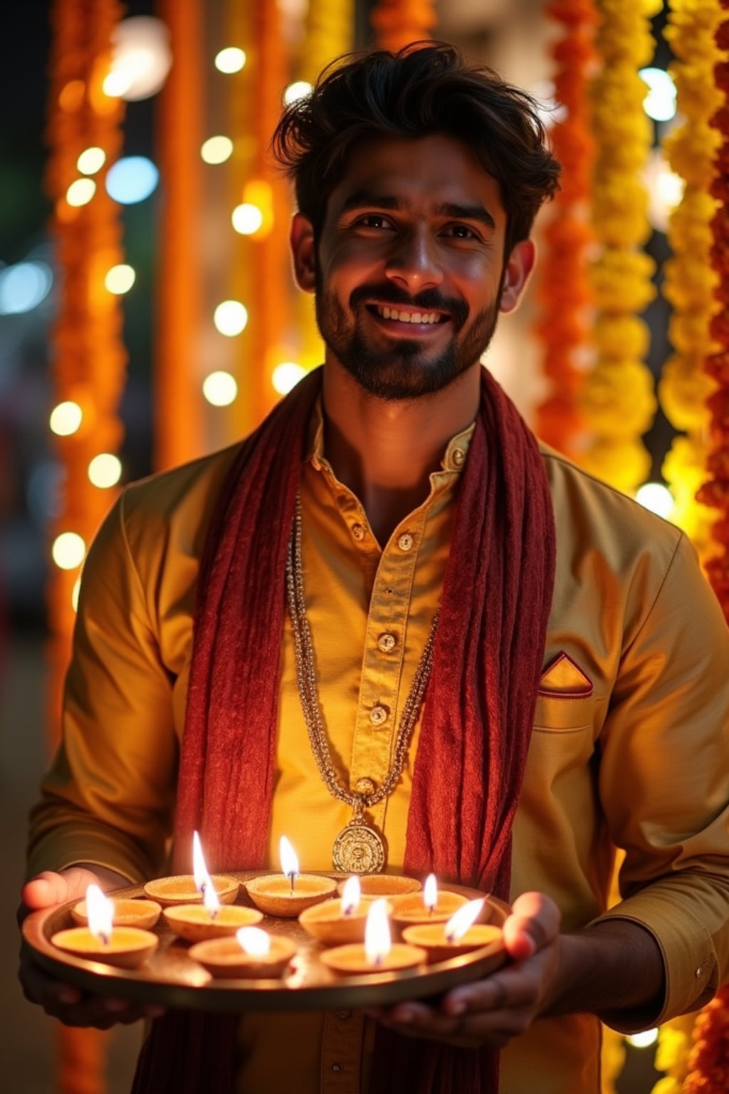 A man holding a thali (plate) with diyas, wearing ethnic attire, and smiling against a backdrop of decorative lights and marigold garlands.